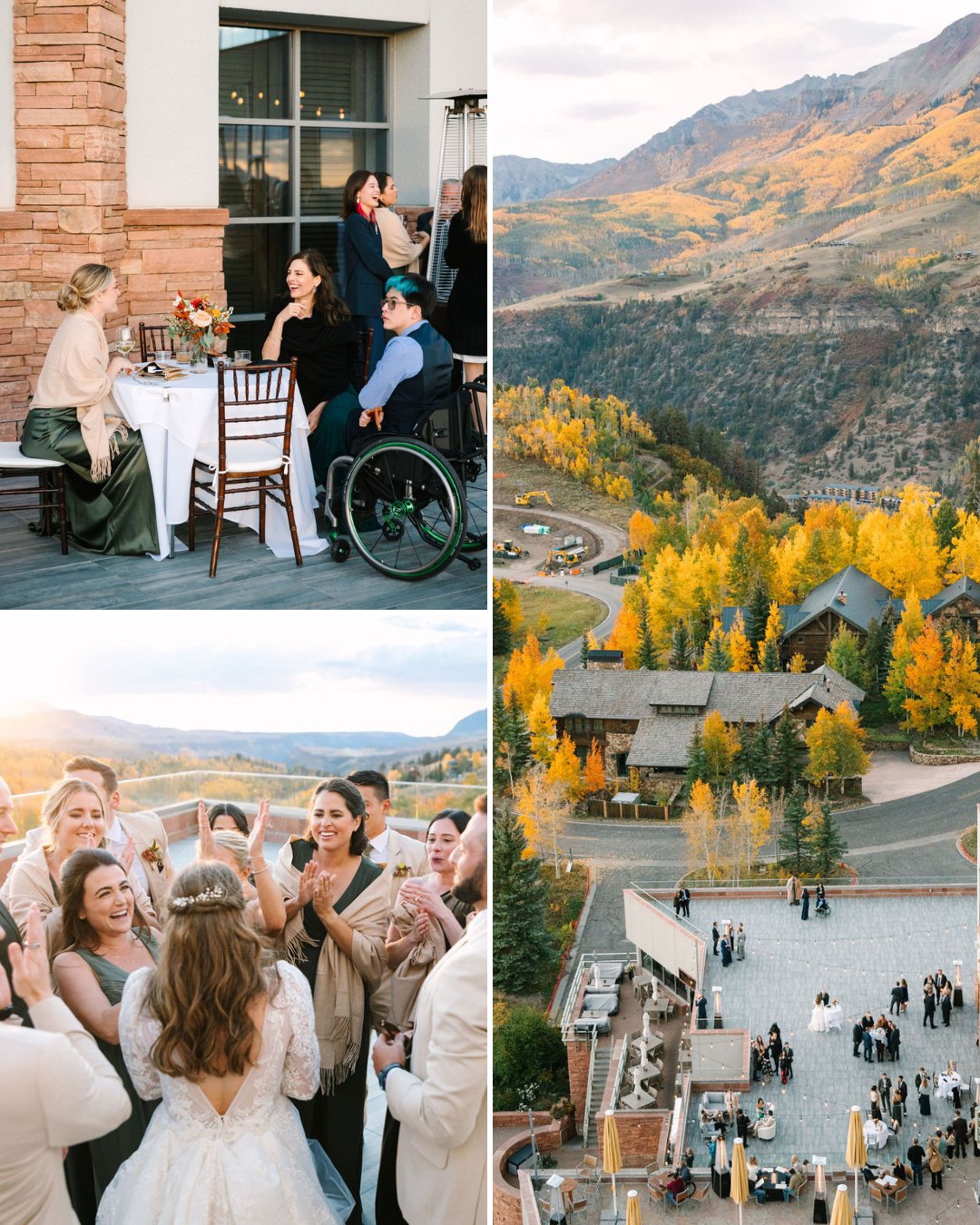 Three images: people socializing at a table, an aerial view of a mountain lodge surrounded by fall foliage, and a bride in a crowd of guests outdoors.