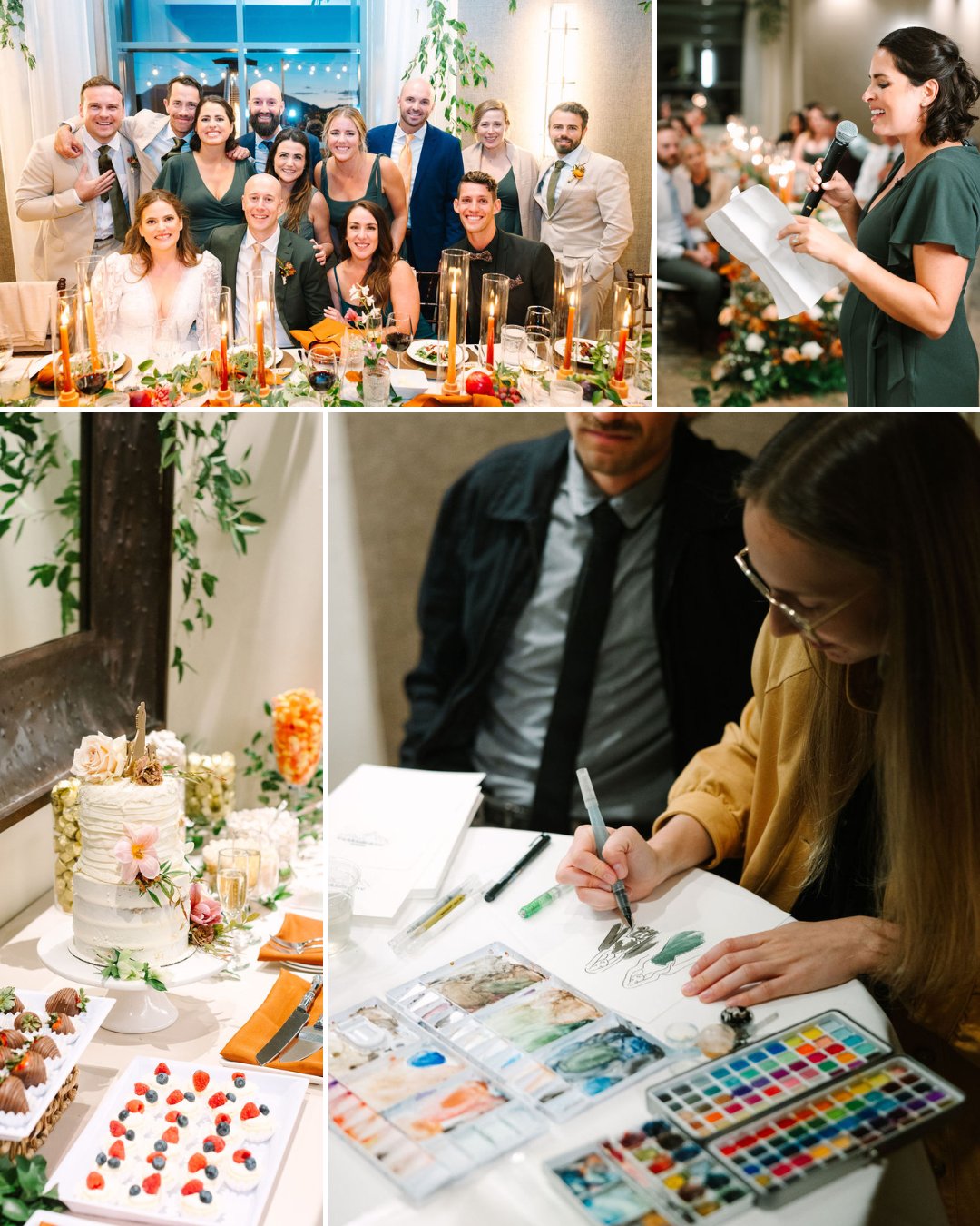 A wedding reception with guests at a dinner table, a woman giving a speech, a decorated cake and desserts, and an artist painting at a table.