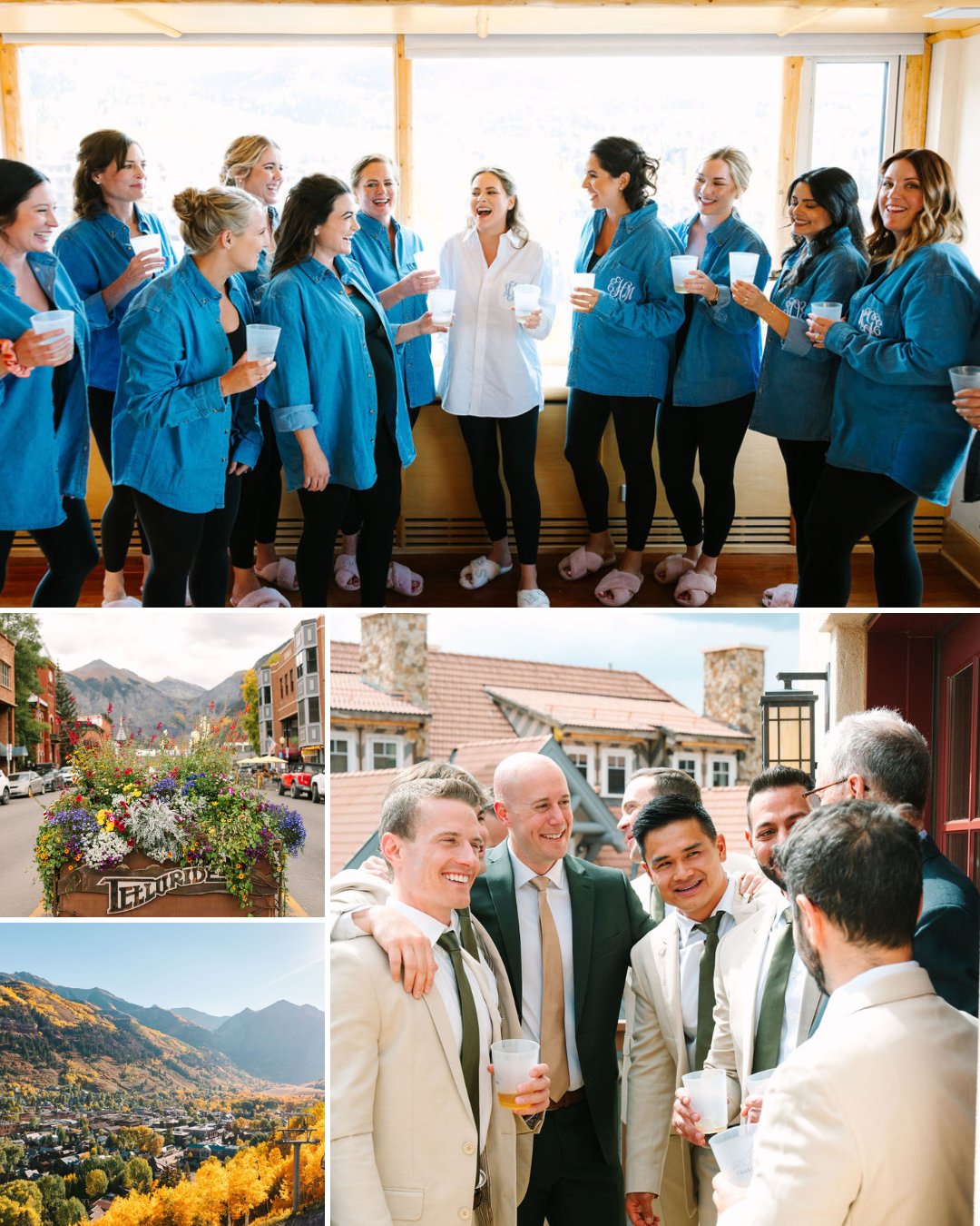 A bridal party in matching blue shirts and slippers stands together indoors, while groomsmen in suits gather outside; two landscape photos of a mountain town are also shown.