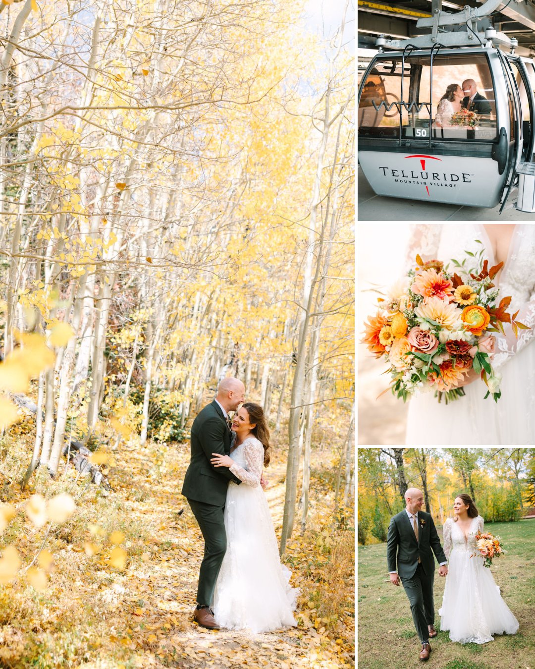 Bride and groom embrace in an autumn forest, with closeups of a Telluride gondola, a colorful bouquet, and the couple walking together outdoors.
