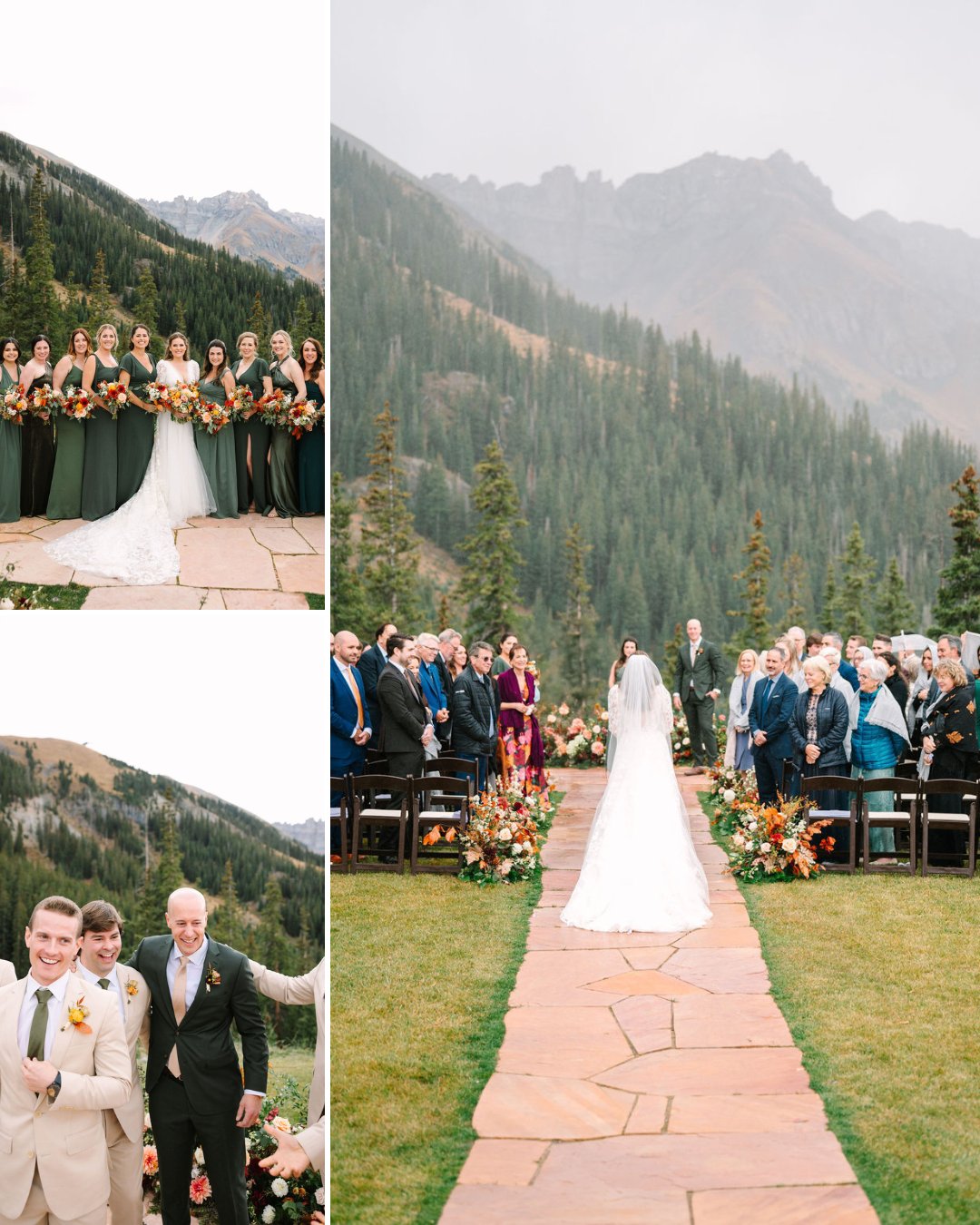 A bride walks down an outdoor aisle flanked by seated guests with a forested mountain backdrop; group wedding party photos are shown on the left.