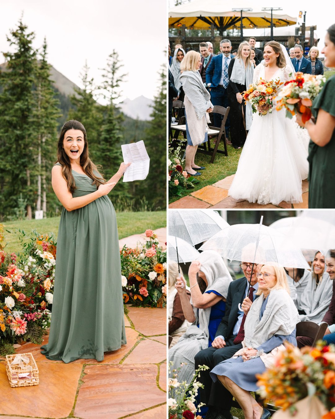 A woman in a green dress gives a speech outdoors, a bride walks down the aisle, and guests sit with umbrellas and shawls at a wedding ceremony.