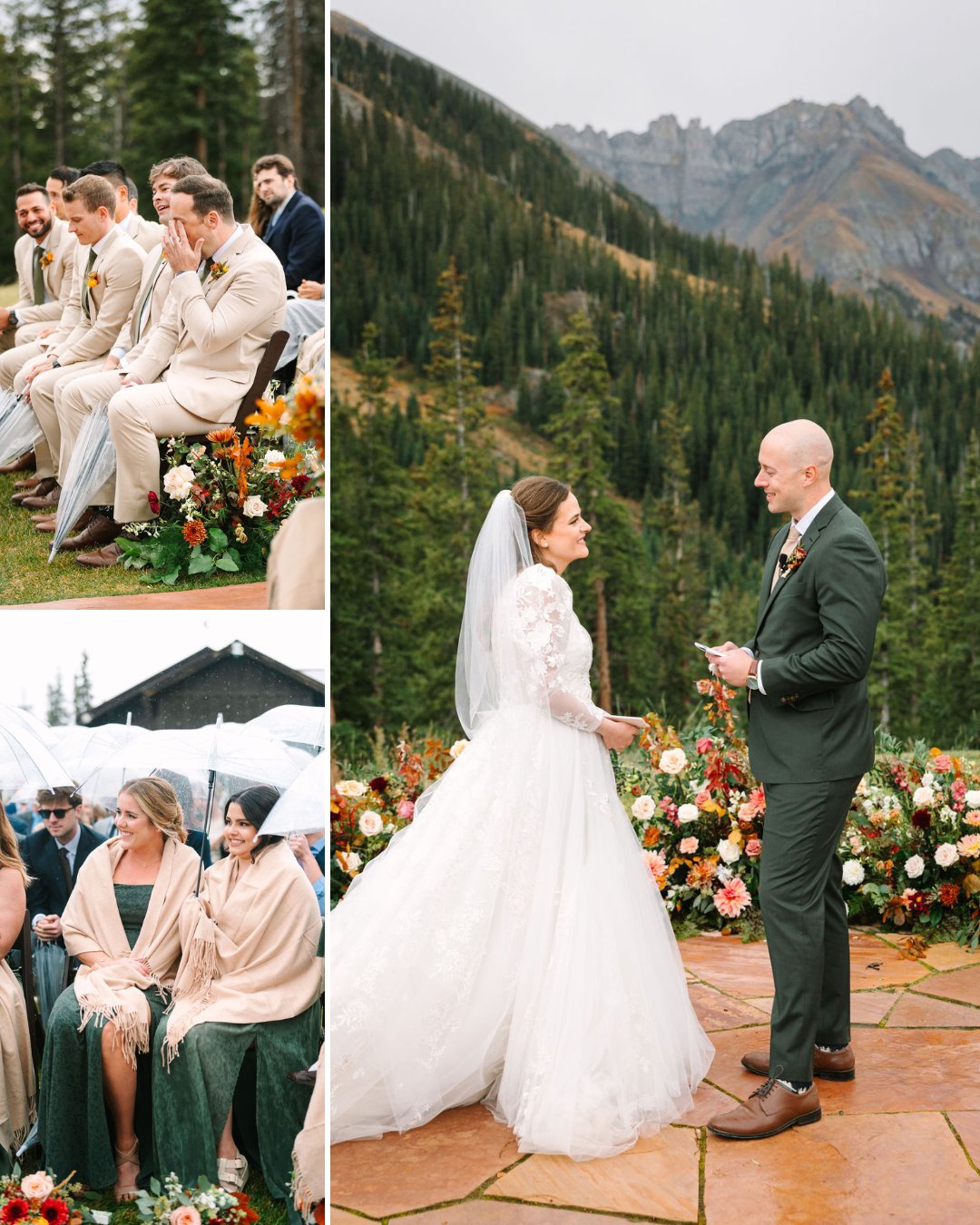 A bride and groom exchange vows outdoors in a mountain setting, with guests seated nearby dressed in light suits and shawls, surrounded by floral arrangements.