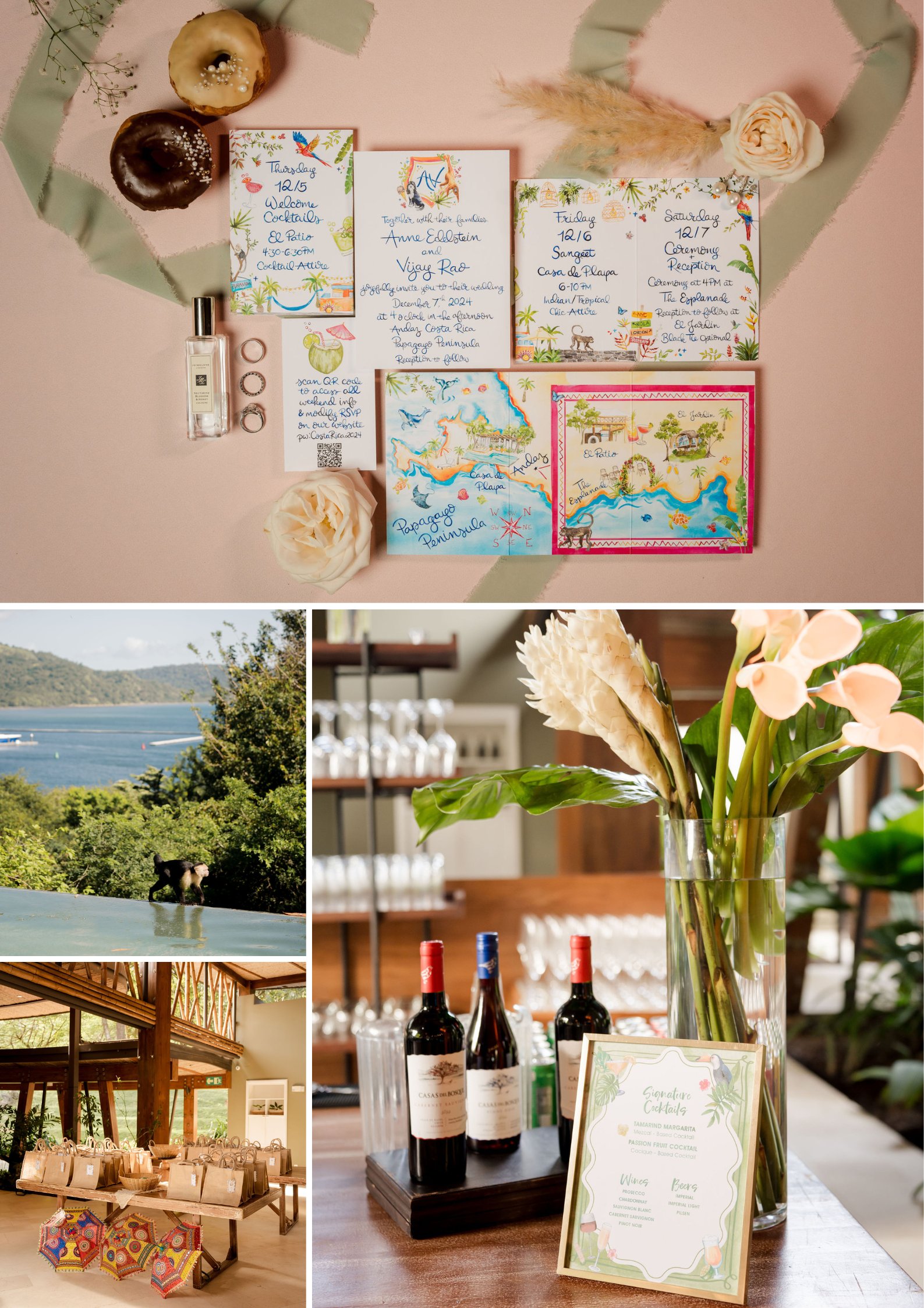 A collage featuring wedding invitations, a scenic outdoor view, a decorated ceremony space, and a display with wine bottles and floral arrangements.