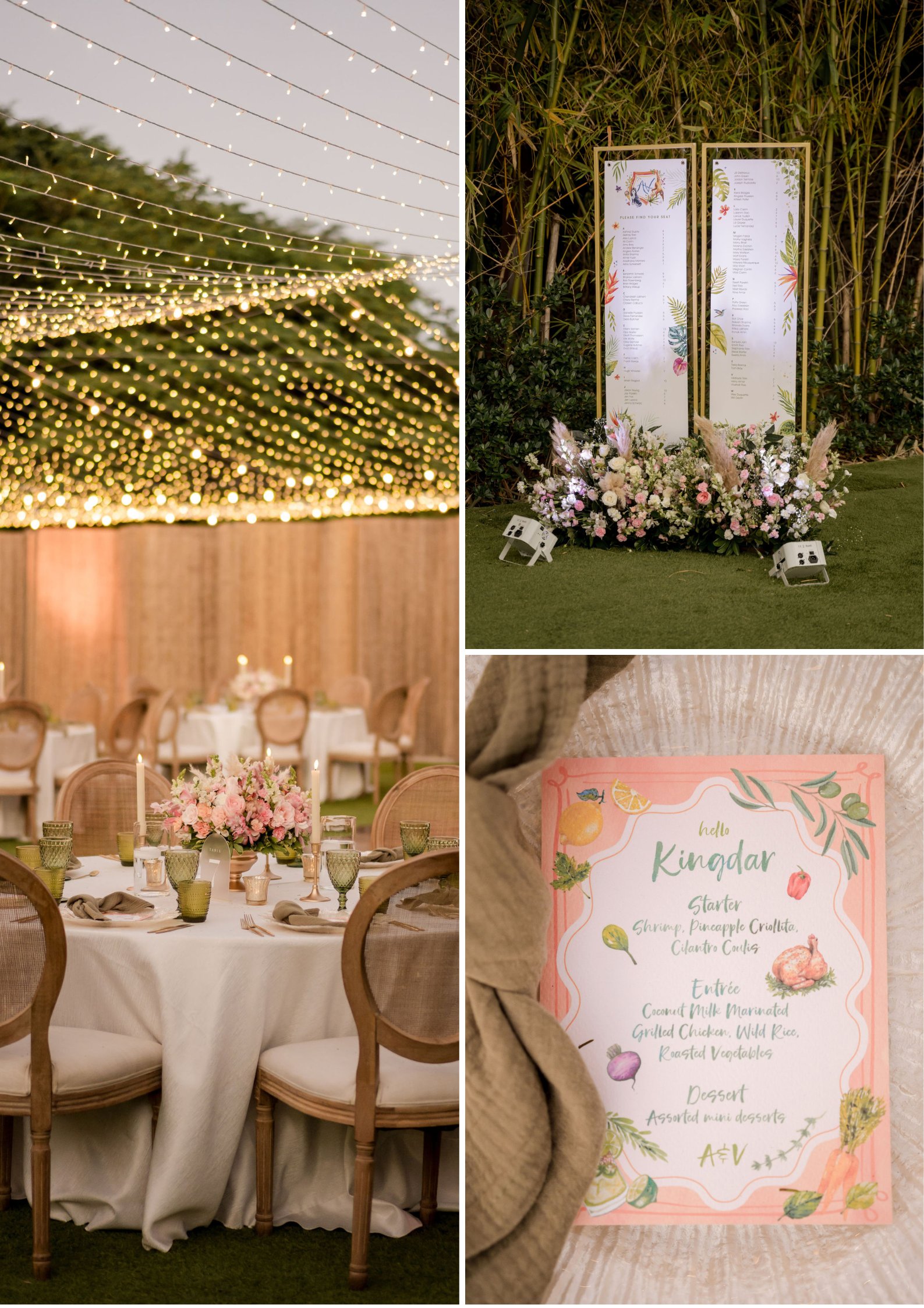 Collage showing string lights above a table setting, floral-decorated event signage, and a close-up of a printed menu with a floral border.