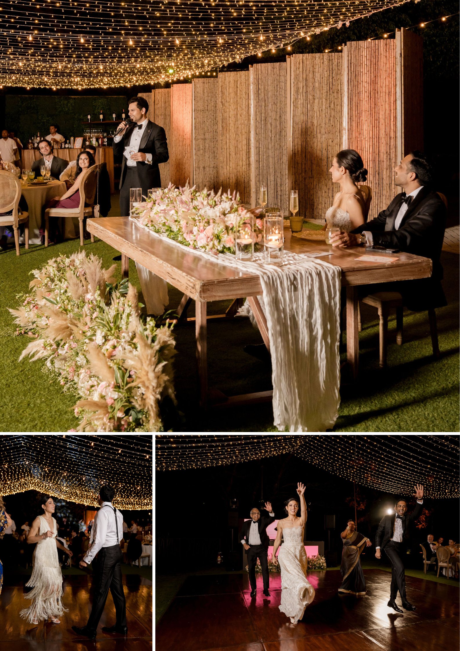 A formal wedding reception with guests seated at decorated tables, a man giving a speech, and a couple dancing under string lights.