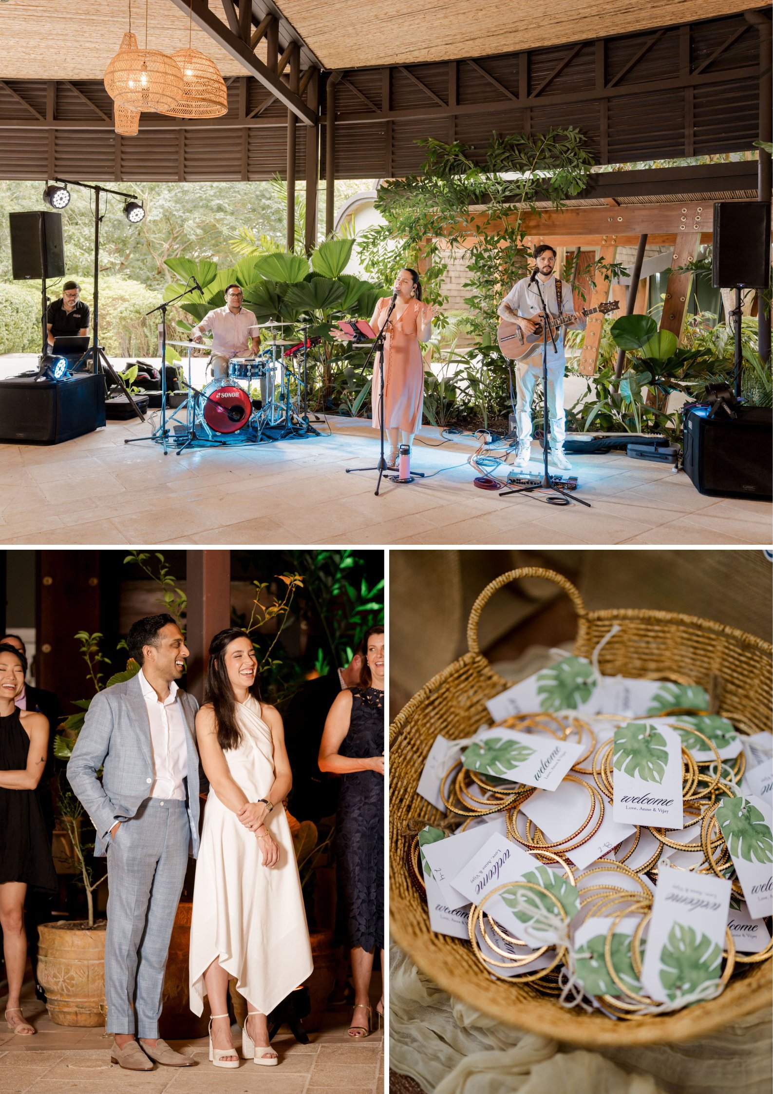 A band performs on stage; below, a couple stands together, and a basket holds small packets with plant illustrations.