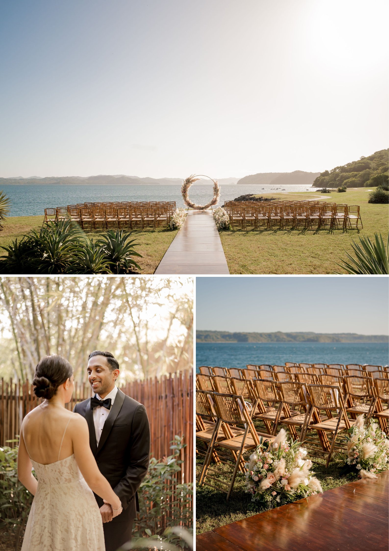 Outdoor wedding setup with chairs facing a floral arch by the water, and a couple standing together in formal attire in a wooded area.