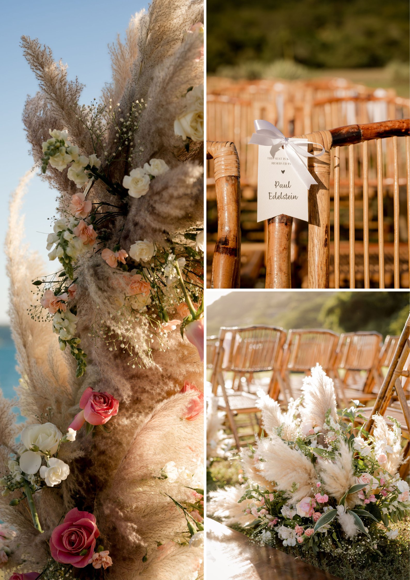 Collage of an outdoor wedding setup with pampas grass and floral arrangements, rows of wooden chairs, and a reserved sign tied to one chair.