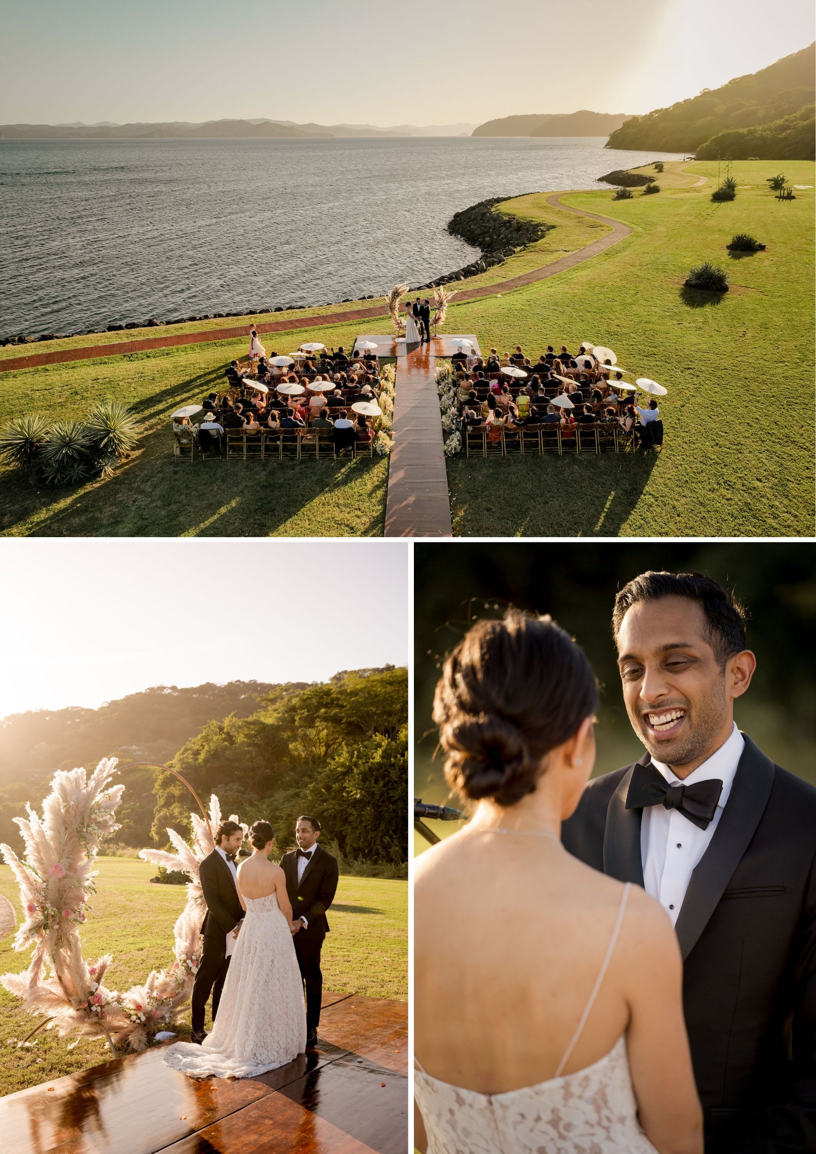 Three wedding photos: an outdoor ceremony by the water, the couple exchanging vows near pampas grass decor, and a close-up of the couple smiling at each other.