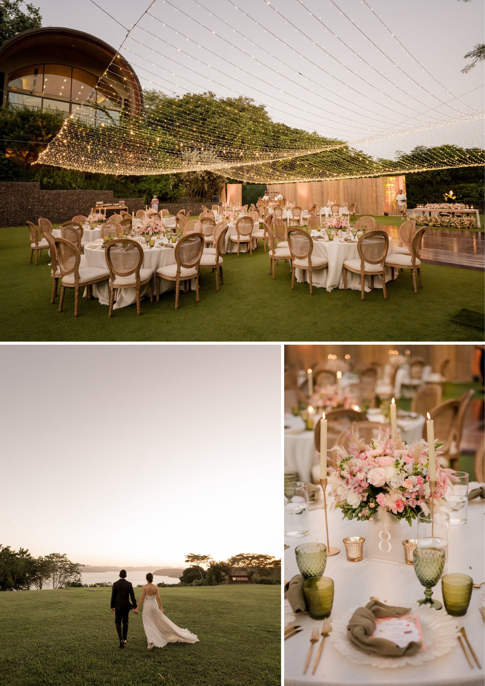 Outdoor wedding reception with round tables, string lights, elegant place settings, floral centerpieces, and a couple walking on a lawn at sunset.