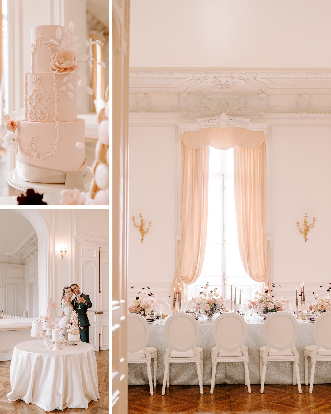 A three-tiered blush wedding cake, a formal dining table with white chairs and floral centerpieces, and a couple standing by the cake in an elegant, light-filled room.