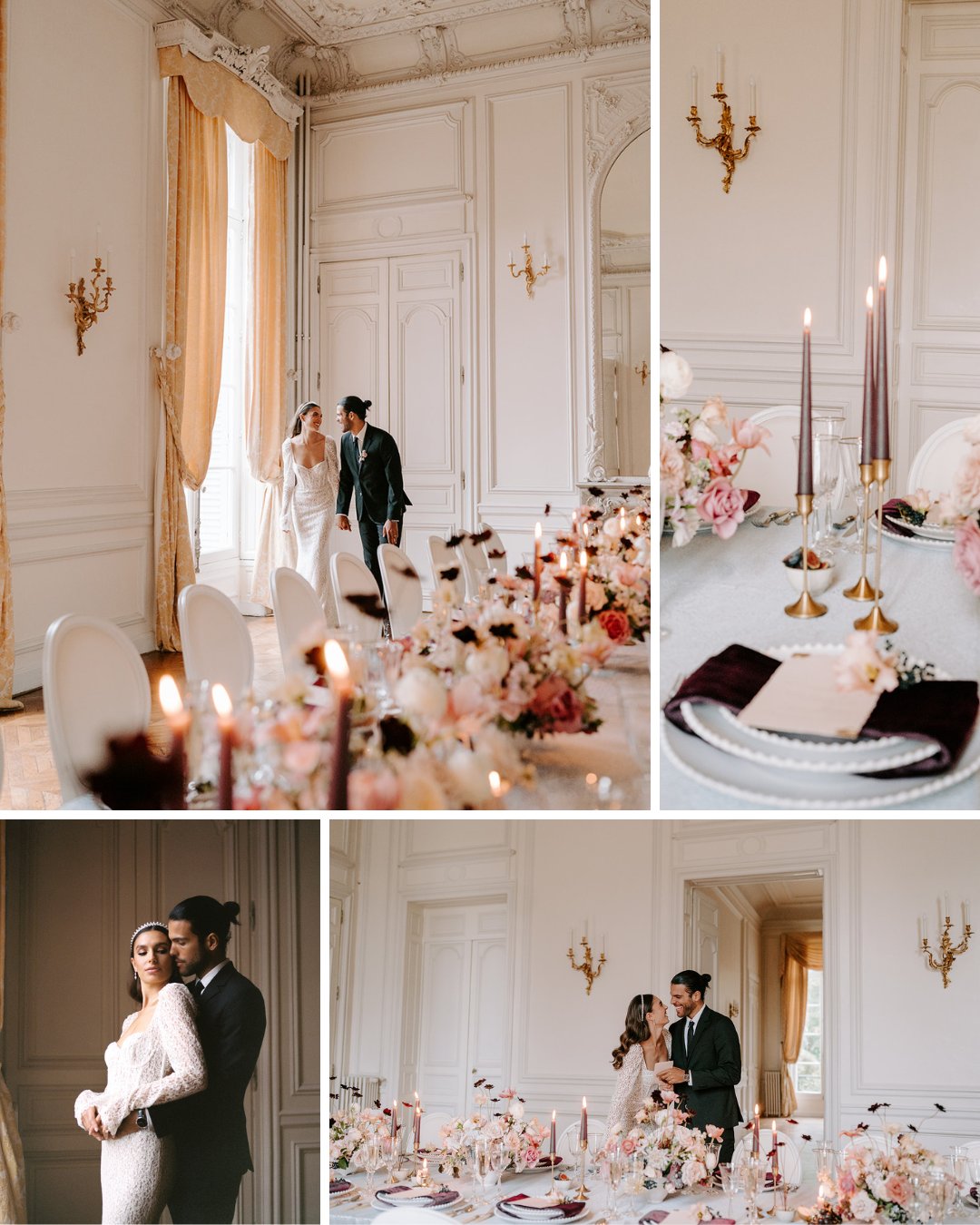 A couple in formal attire poses in an elegant, white-paneled room with ornate decor and a table set with candles, flowers, and fine tableware.