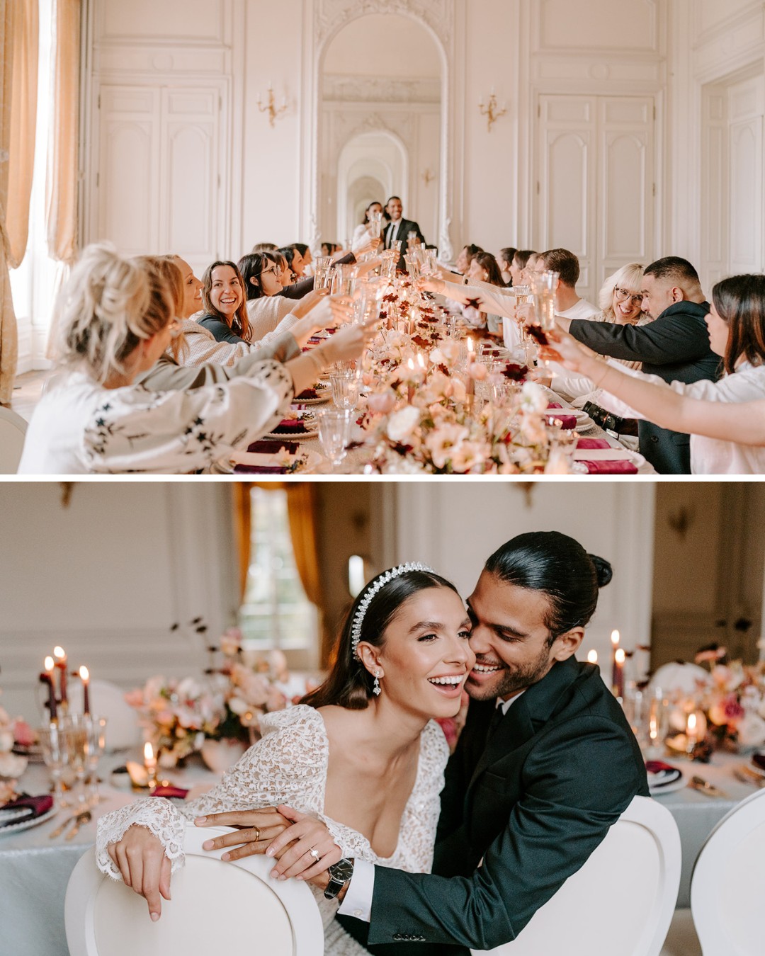 Top: A group of people raise glasses at a long, elegant dining table. Bottom: A bride and groom sit closely together, smiling, in a decorated reception setting.