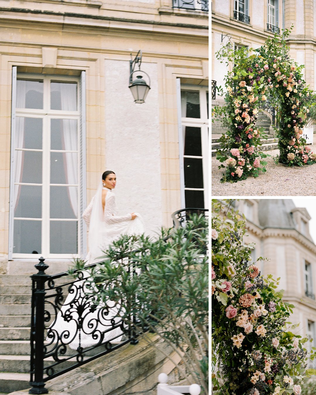 A bride in a white gown stands on stone steps beside a historic building; floral arch and arrangements with pink and cream flowers are seen in adjacent images.