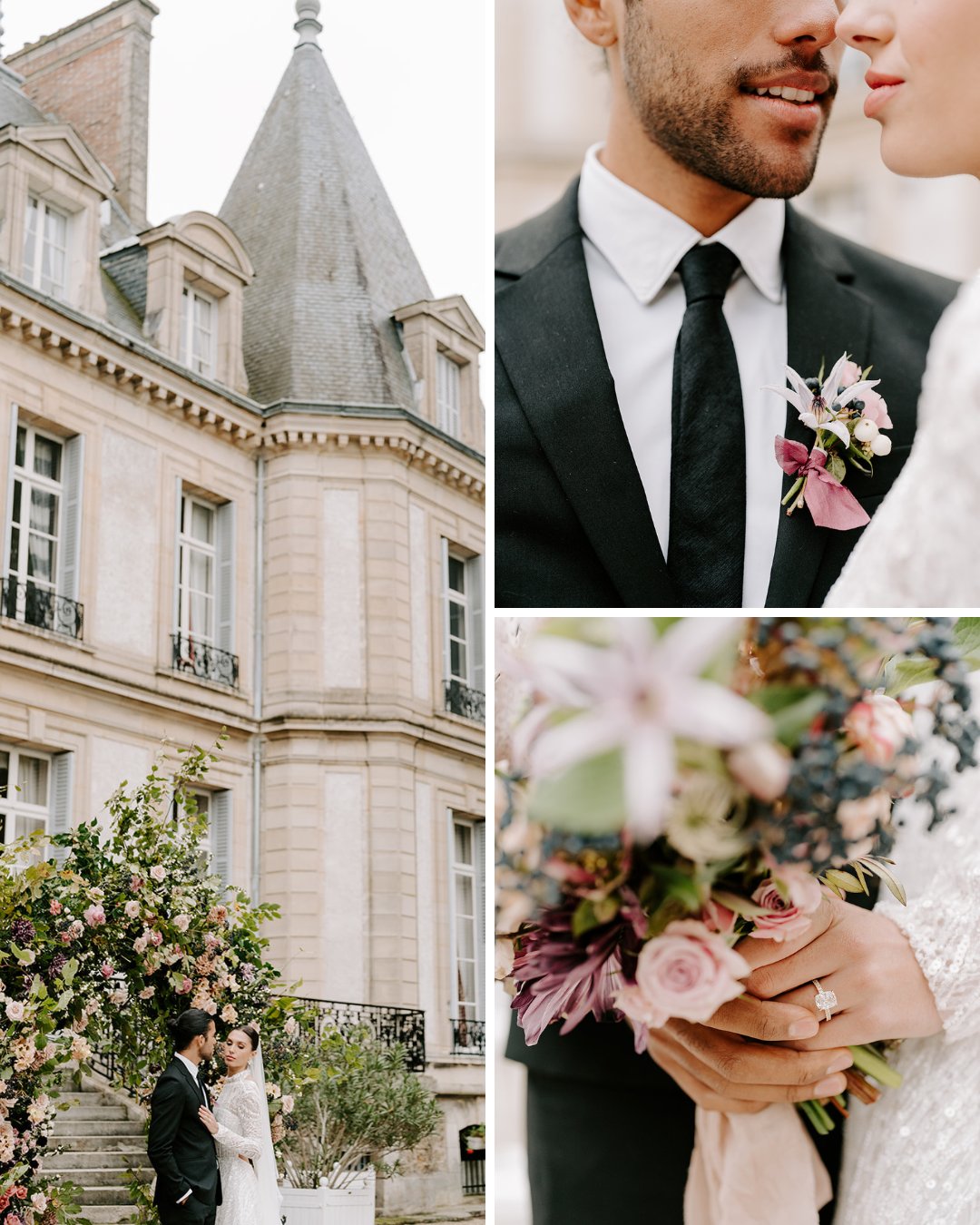 A couple poses outside a grand building with floral arrangements; close-ups show their faces, bouquet, and the bride’s engagement ring.