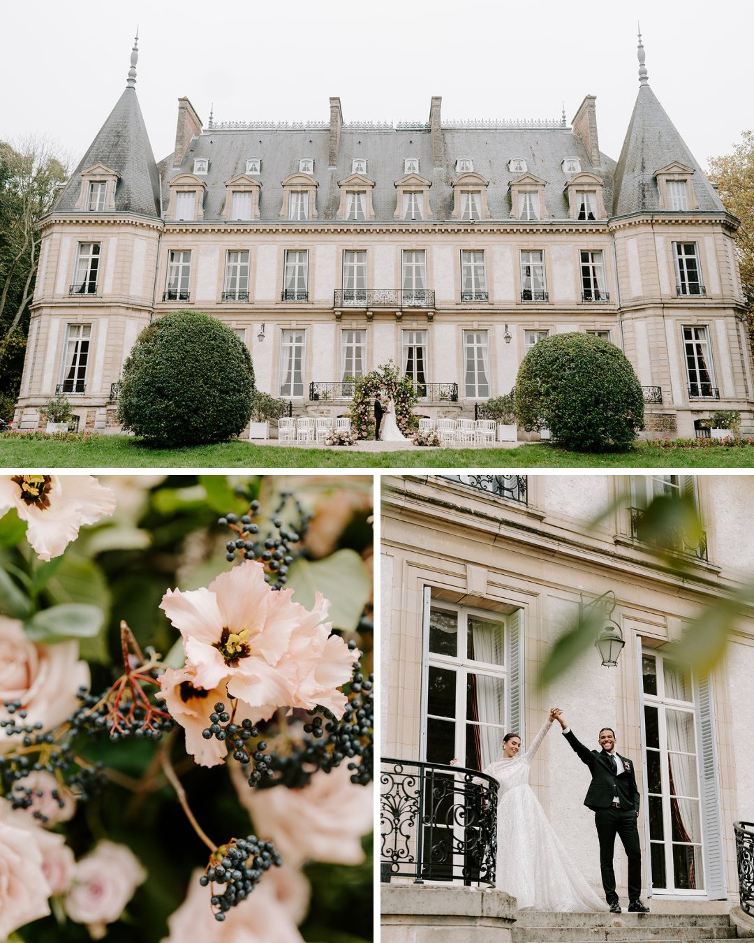 A couple celebrates their wedding at a large stone chateau, with floral decorations and close-up of pink flowers and berries.