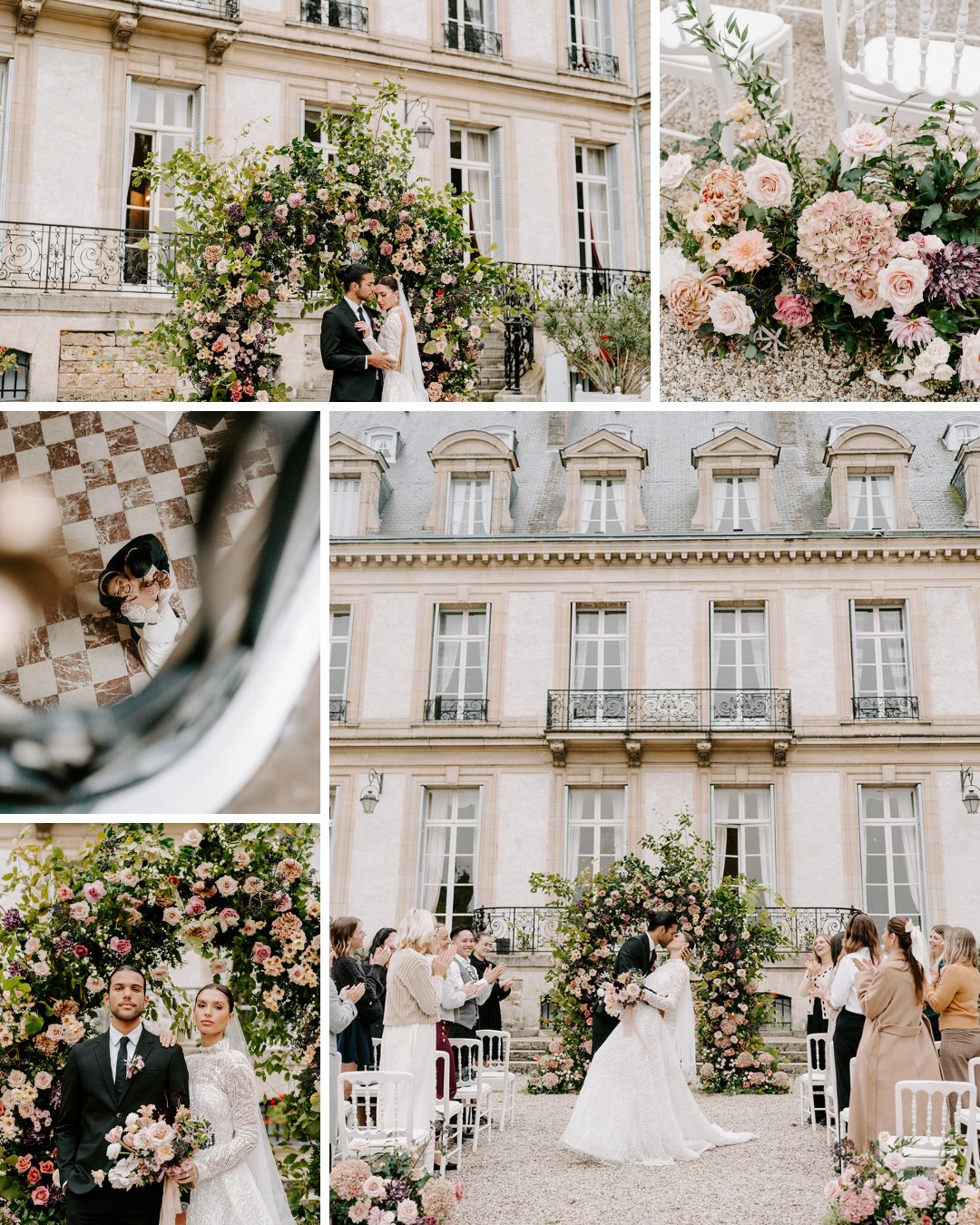 Collage of wedding photos featuring a couple posing and embracing in front of a flower-adorned building, with guests seated outdoors and floral decorations visible.