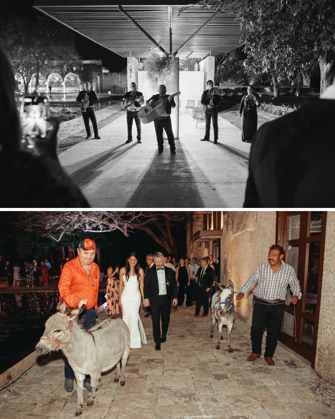 Top: A mariachi band performs outdoors at night. Bottom: A bride and groom walk alongside two donkeys and guests on a stone pathway during a celebration.