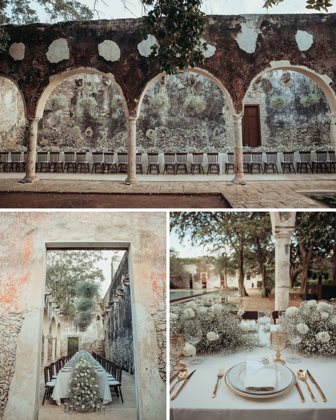  Outdoor wedding venue with stone arches, rows of chairs, and tables set with white linens, gold-rimmed plates, glassware, and floral centerpieces, surrounded by rustic stone walls.