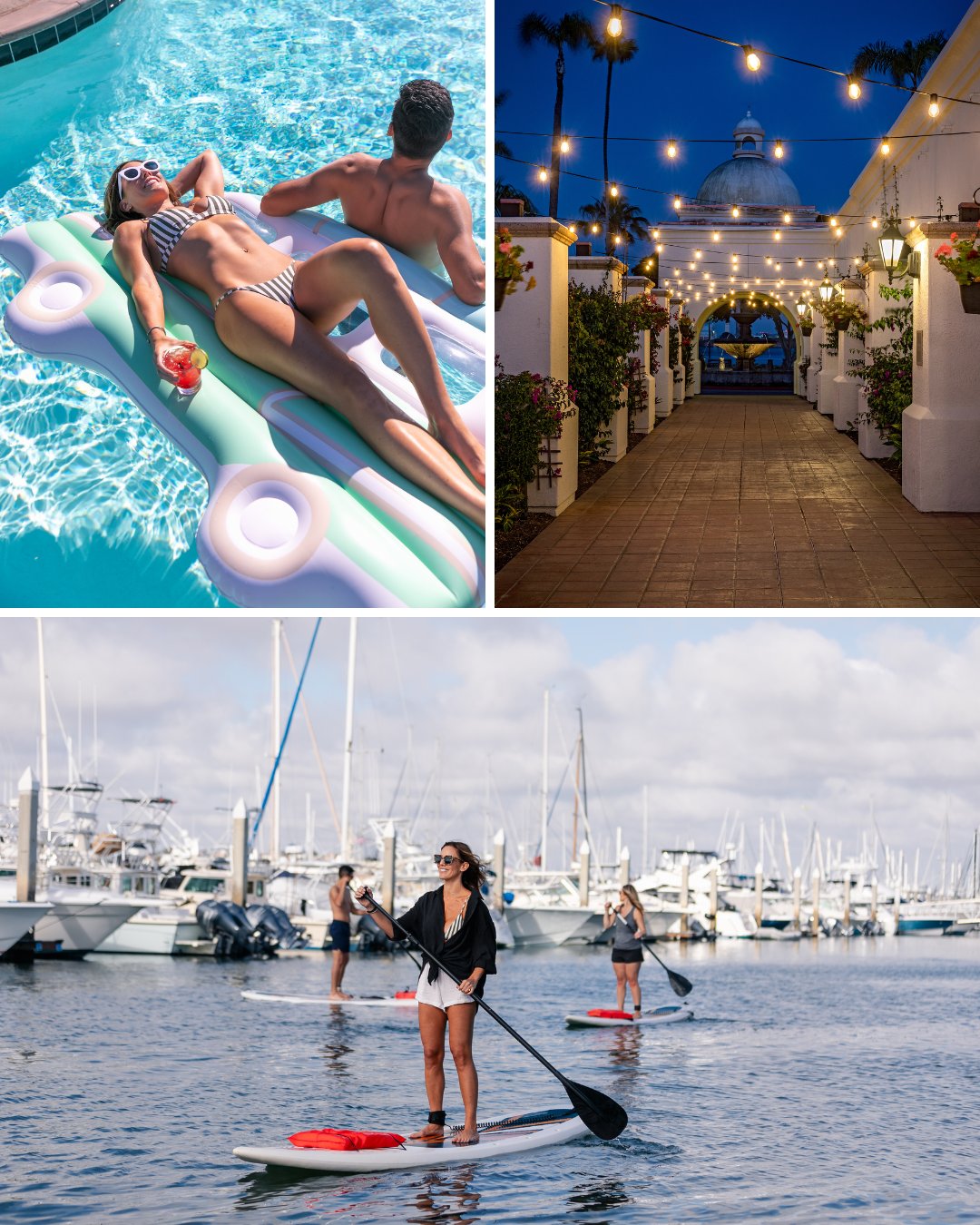 Collage of three scenes: a woman sunbathing on a pool float, a decorated outdoor walkway, and people paddleboarding near docked boats.