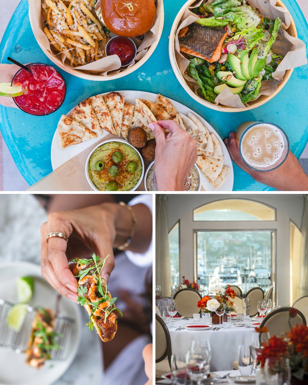 Collage of diverse meals, including burgers, fries, salad, pita with dips, tacos, and a formal dining table set with flowers.