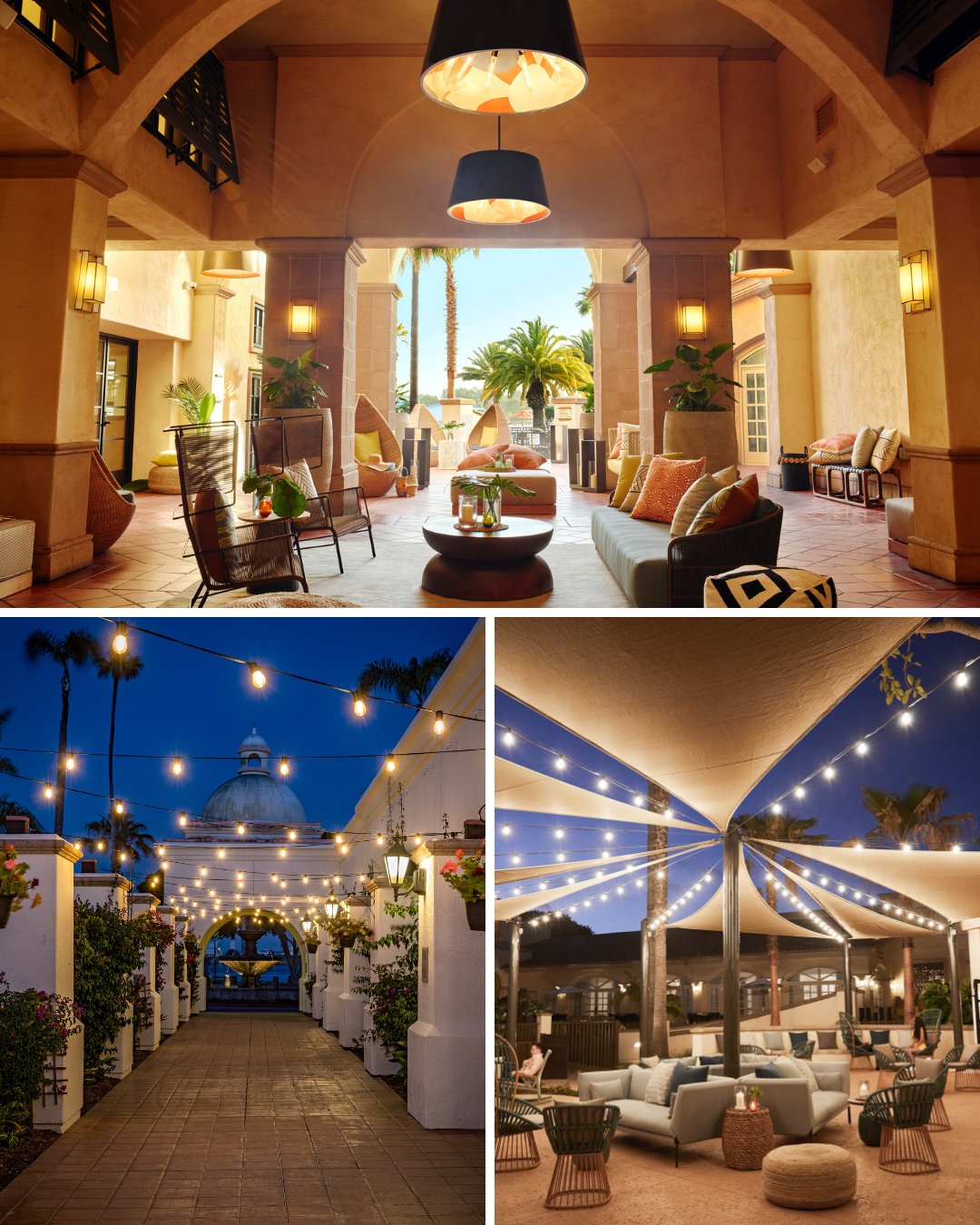 Three images of an upscale outdoor resort: a covered lounge area, a walkway with string lights at dusk, and a patio with seating under a canopy and string lights.