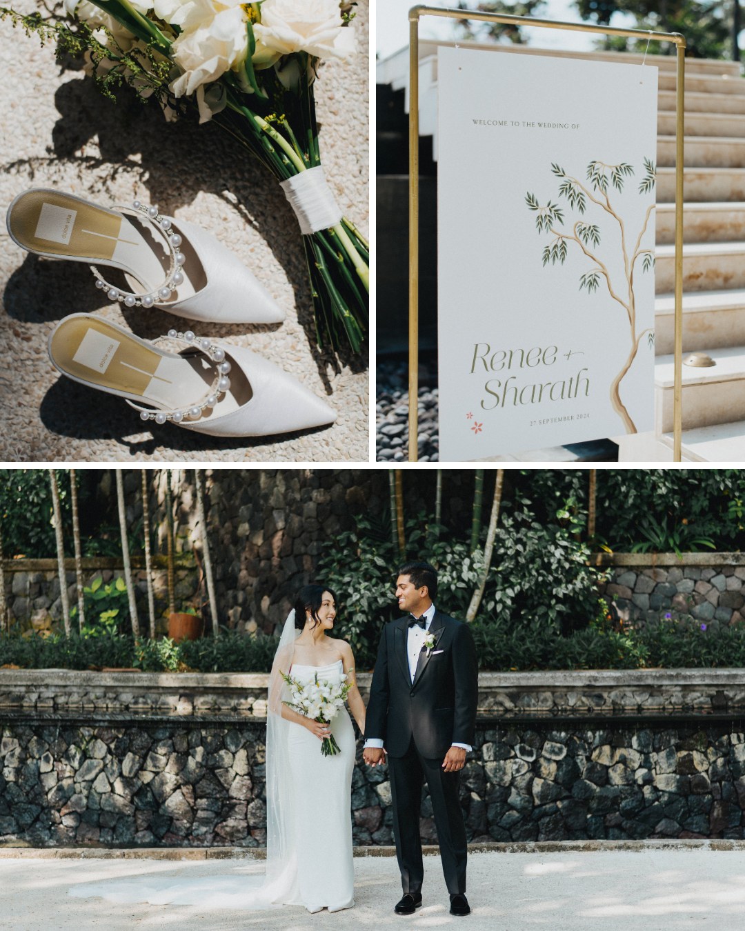 A collage showing wedding shoes and flowers, a welcome sign with names, and a bride and groom holding hands outdoors.
