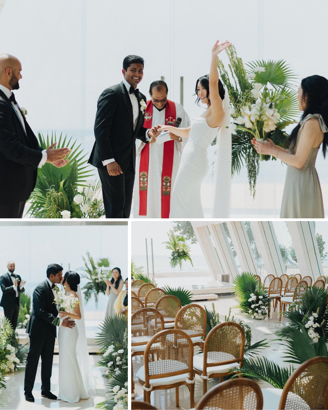 A wedding ceremony with a bride, groom, officiant, and guests, followed by a kiss and a decorated seating area with greenery and natural light.