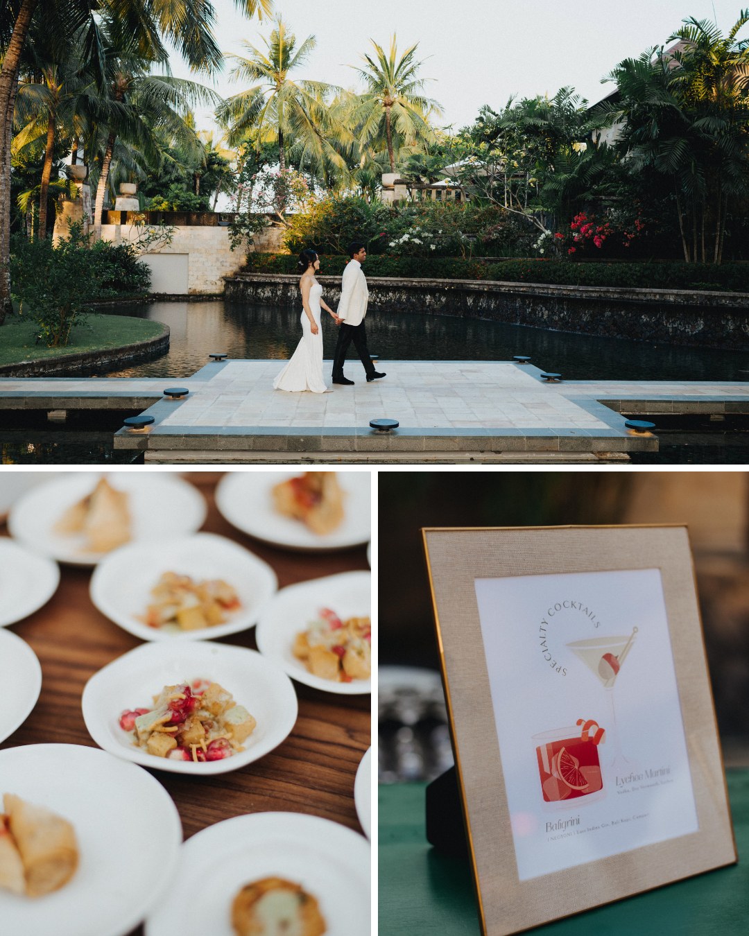 A bride and groom walk on a dock near water; below, close-up plates of appetizers and a framed cocktail menu are displayed.