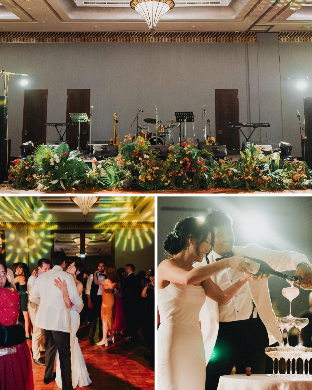 A wedding reception with a decorated stage, guests dancing, and a bride and groom cutting a tiered cake under bright lighting.