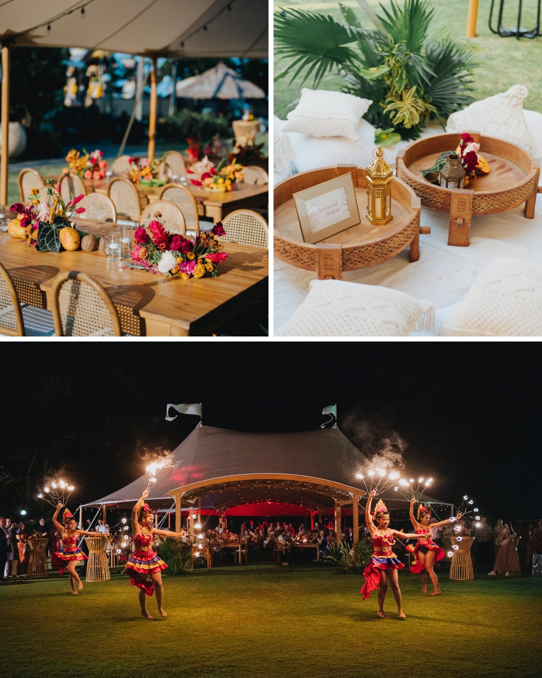 Collage showing floral table settings, a lounge area with wooden tables and cushions, and dancers performing with fire at an outdoor event under a tent at night.