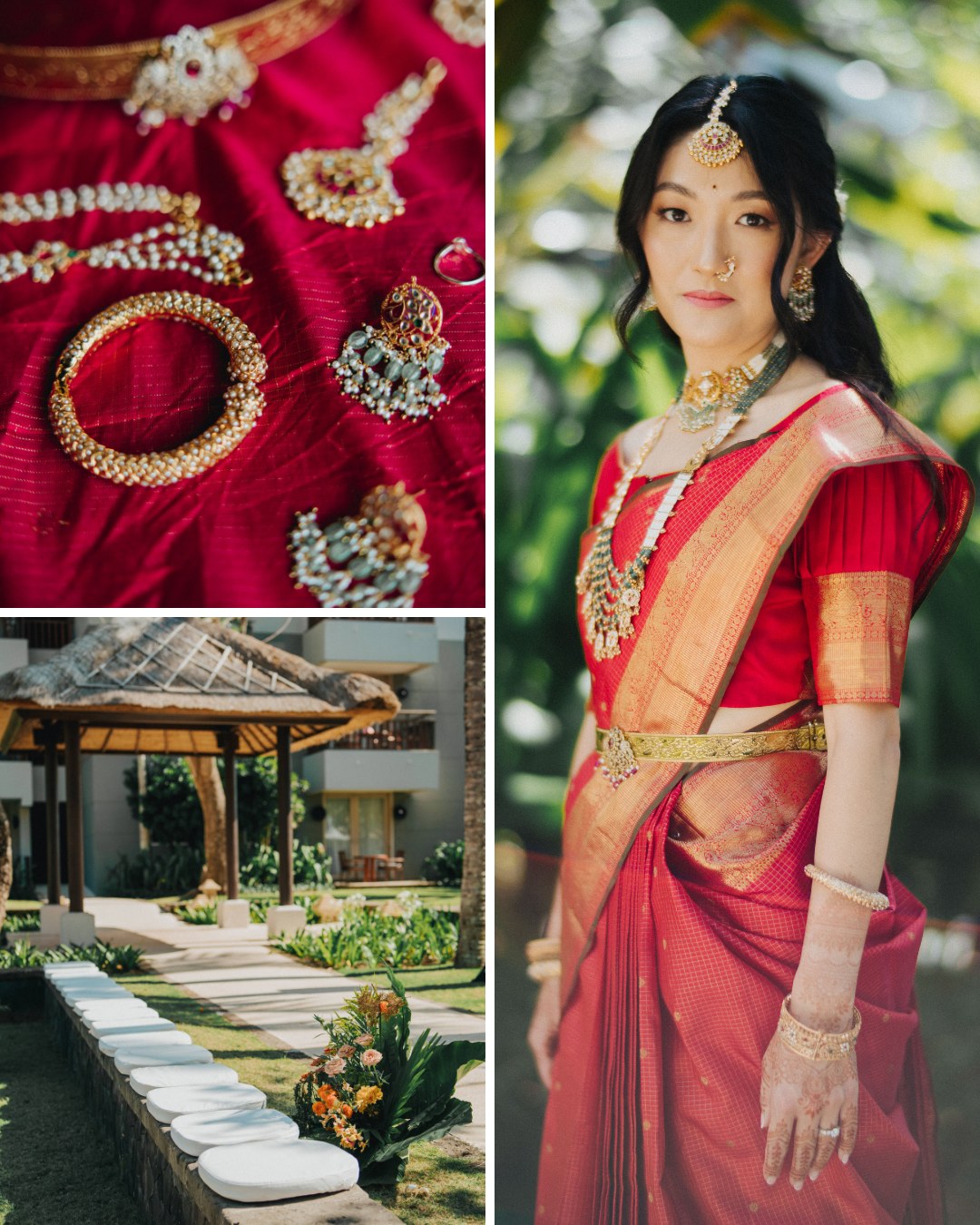 collage of jewelry on a red cloth with gold and pearls, an outdoor ceremony area with white cushions and a gazebo, a bride in a red sari