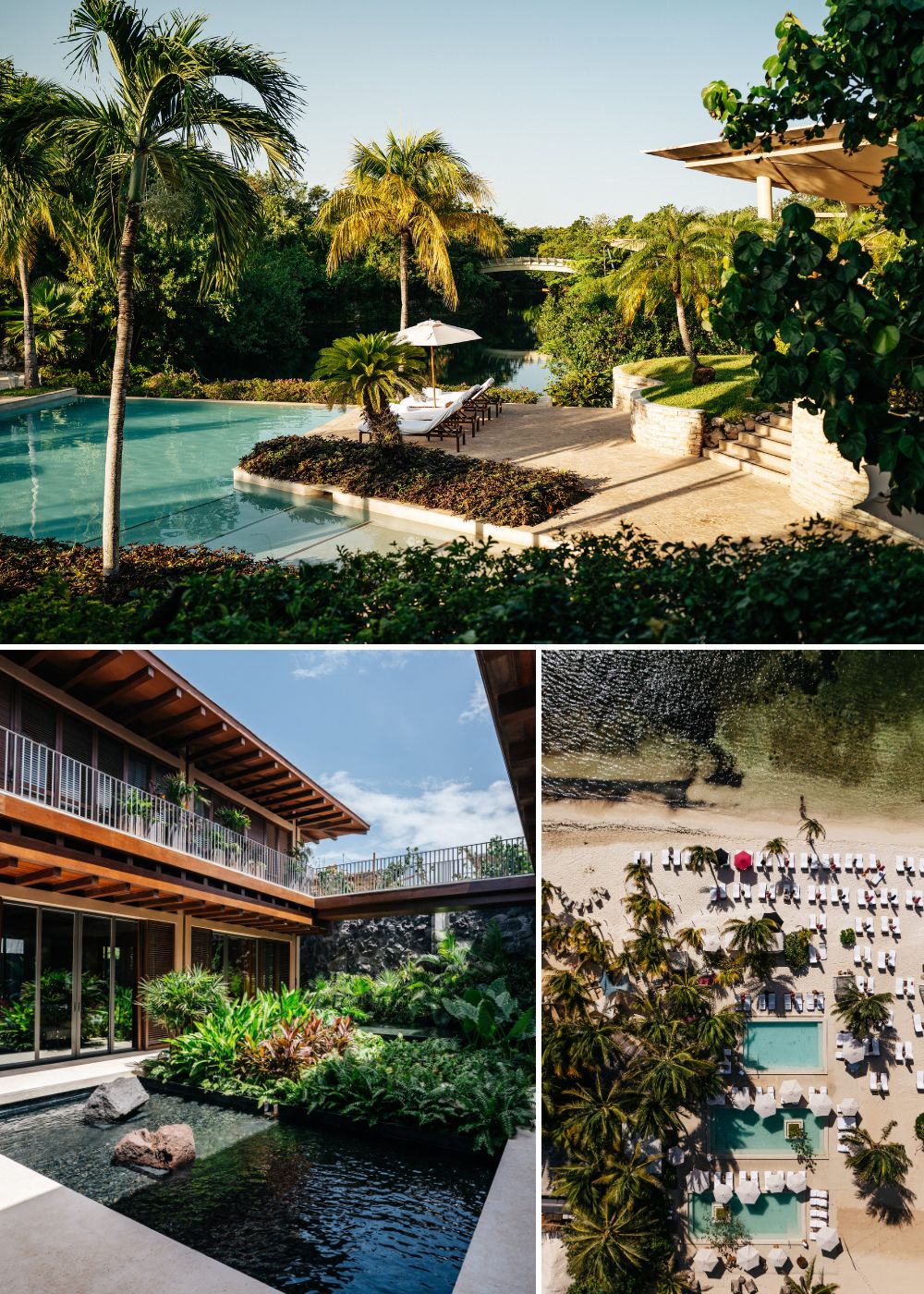 Collage of three images: a tropical resort pool with palm trees, a modern courtyard with a pond, and an aerial view of a beach with umbrellas and lounge chairs.