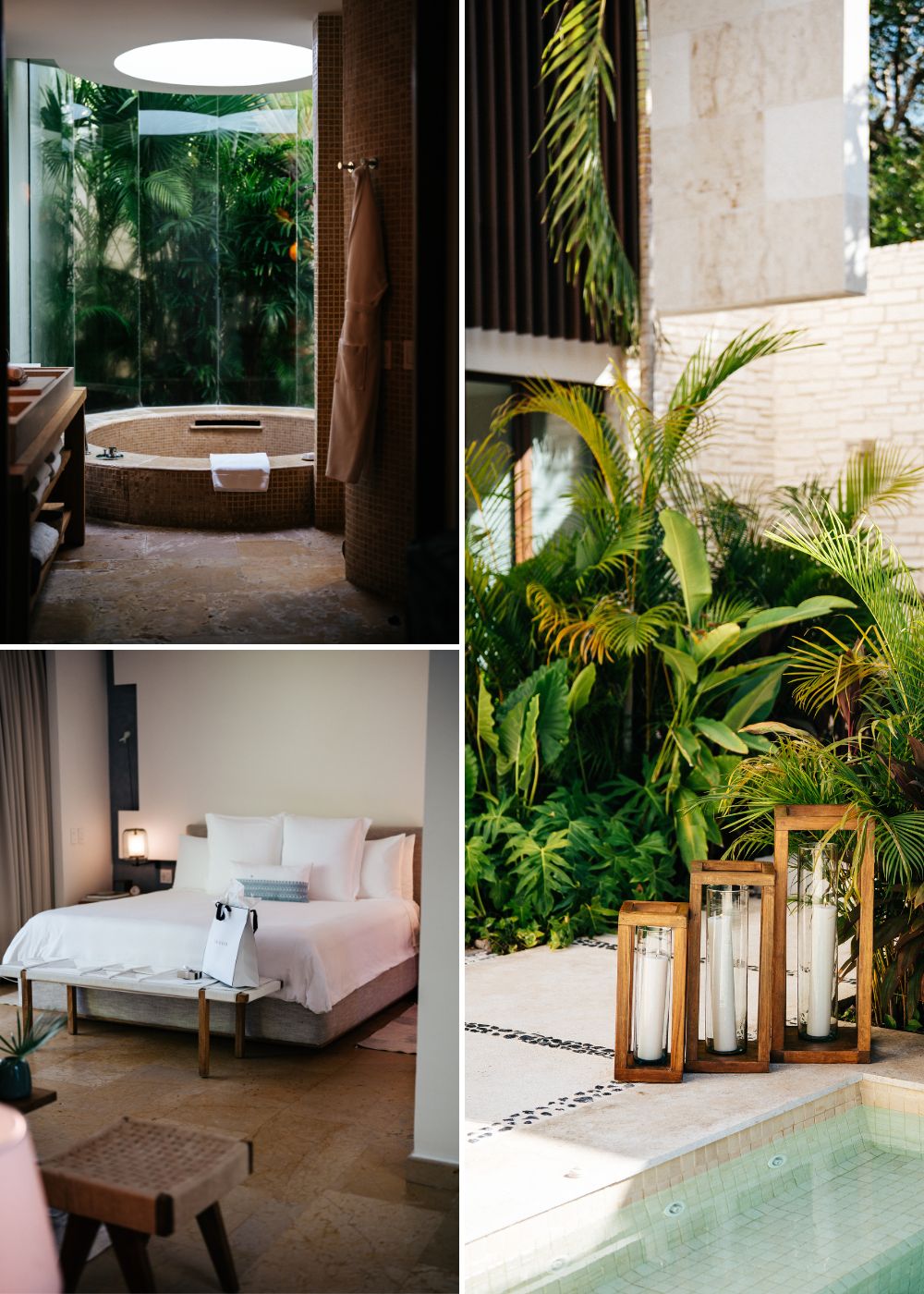 Collage of three images: a modern bathroom with a glass shower and tub, a bedroom with a white bed, and an outdoor area with greenery and large candle lanterns by a pool.
