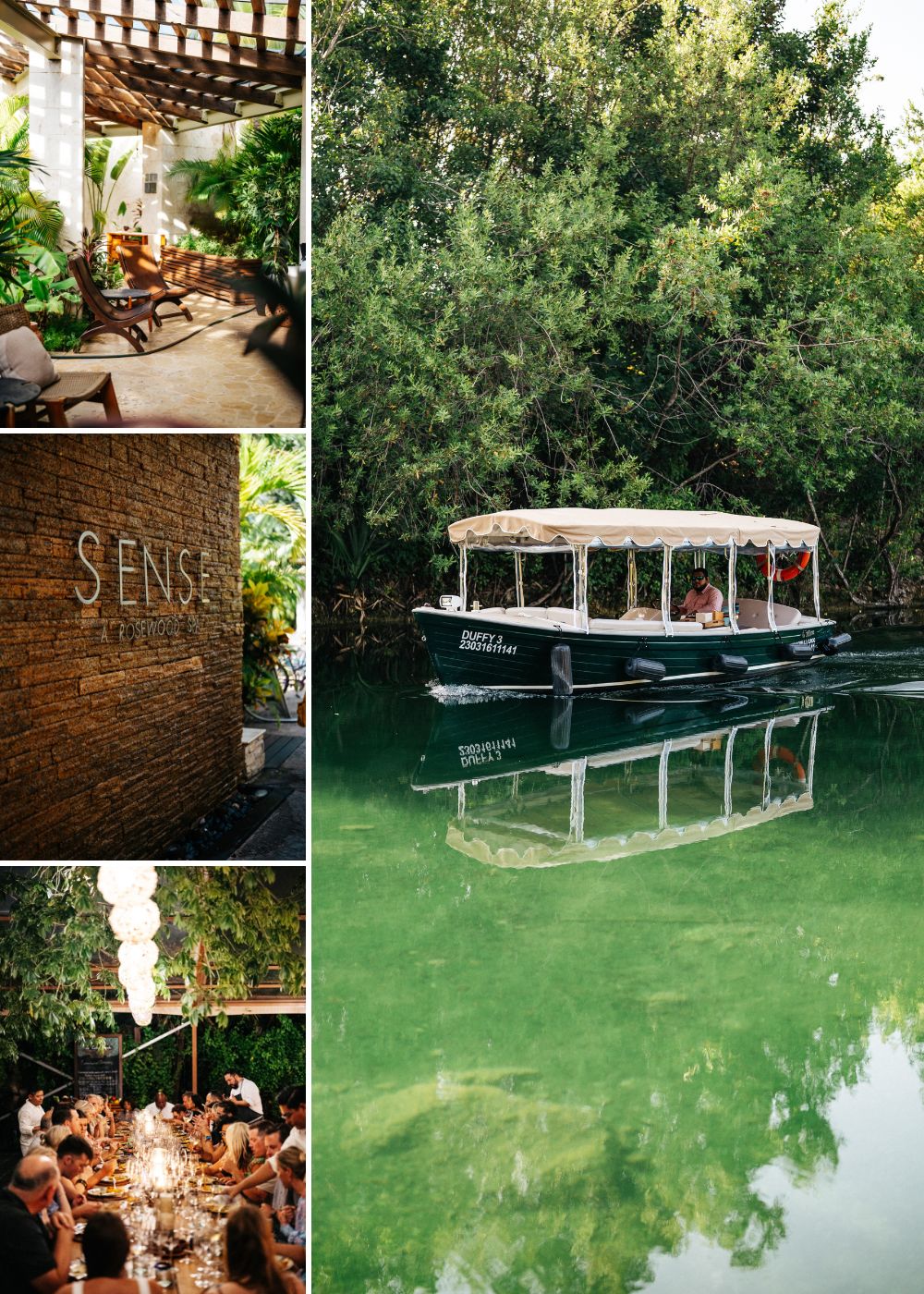 A collage shows a garden patio, the entrance sign for Sense spa, a boat on a green river in lush vegetation, and a group dining outdoors under string lights.