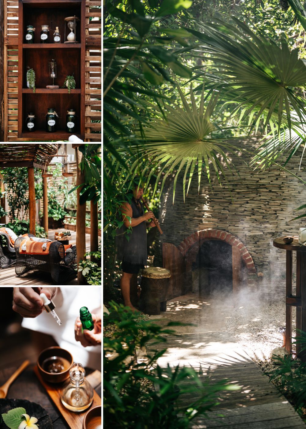 Collage showing herbal bottles on shelves, a covered outdoor lounge, hands preparing oils, and a person by a stone oven in a lush, green garden.