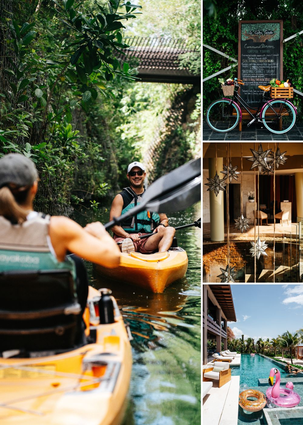 A collage shows people kayaking in a jungle canal, a bicycle with a chalkboard menu, decorative hanging ornaments, and a resort pool with guests in a pink float.