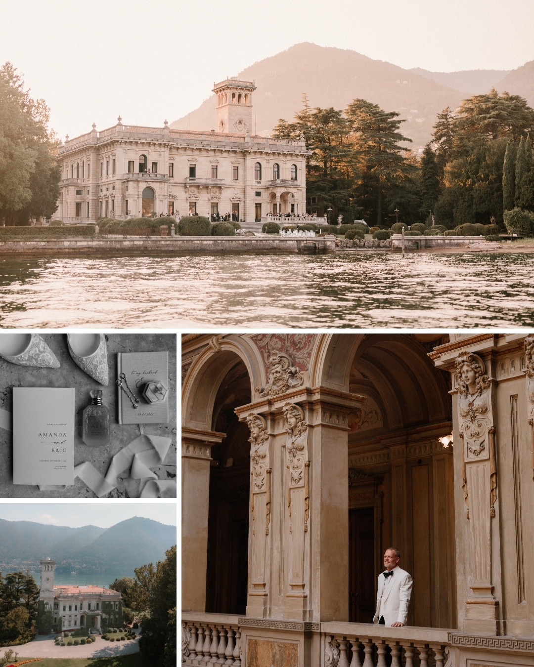 A grand villa by a lake with mountains in the background, a wedding invitation suite, a scenic aerial view of the villa, and a man in formal attire standing on a balcony.