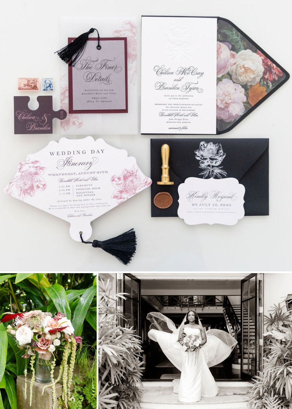 A flat lay of elegant floral wedding invitations and stationery, plus photos of a bride holding a bouquet and a flower arrangement in a glass jar.
