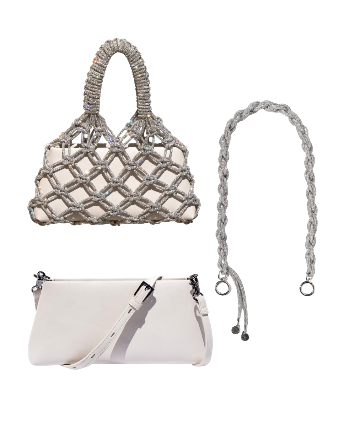 Three-piece handbag set: a white rectangular purse with a detachable strap, a gray macrame overlay, and a braided strap, all displayed on a white background.