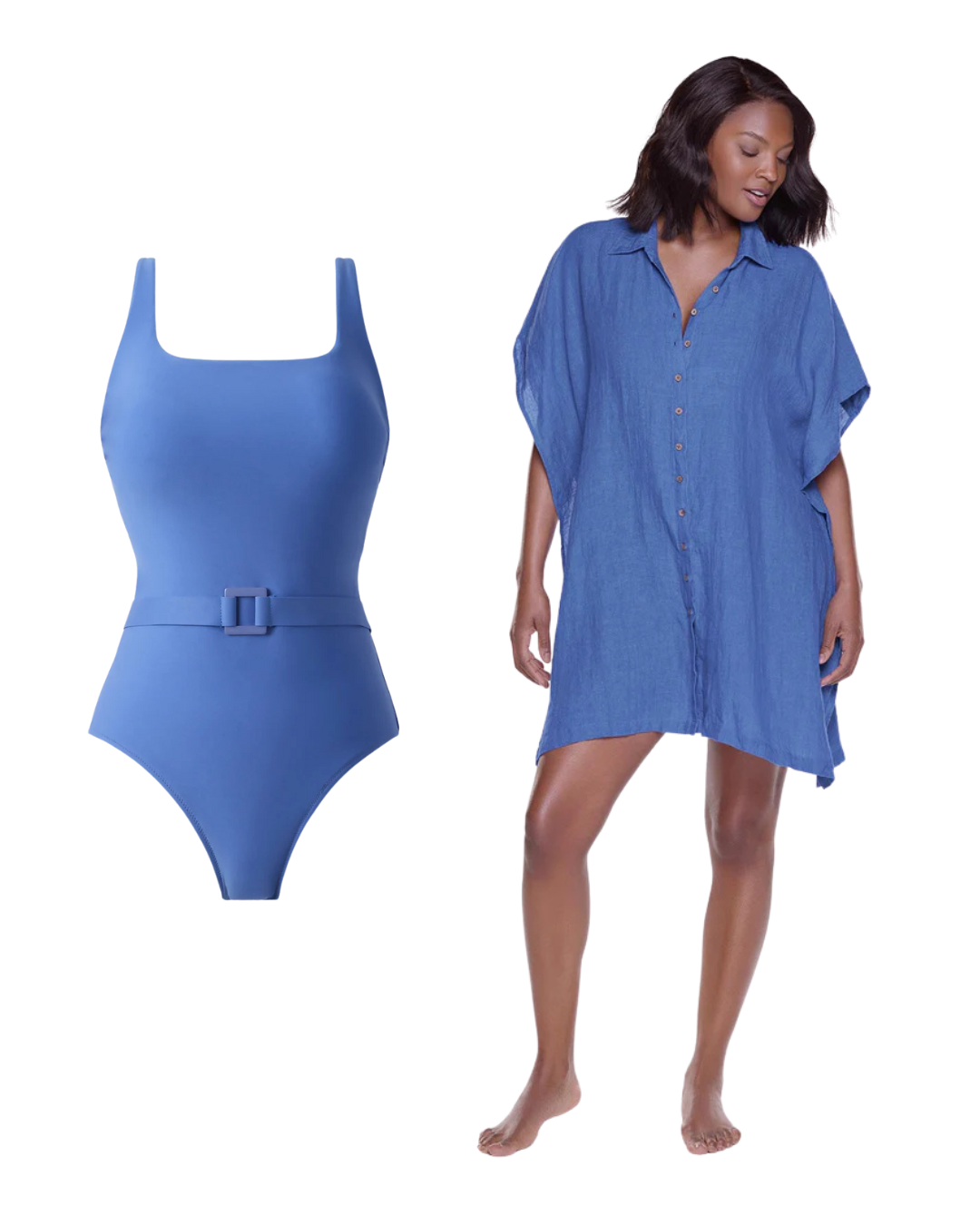 A blue belted one-piece swimsuit next to a woman wearing a loose-fitting blue button-up cover-up dress.