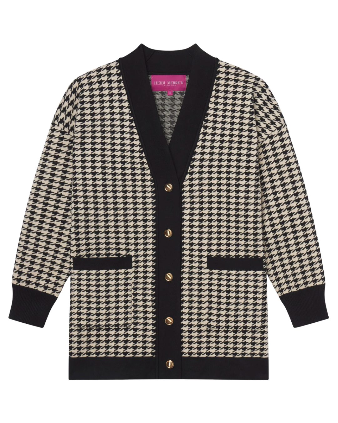 Black and white houndstooth cardigan with black trim, gold buttons, and two front pockets, displayed on a white background.