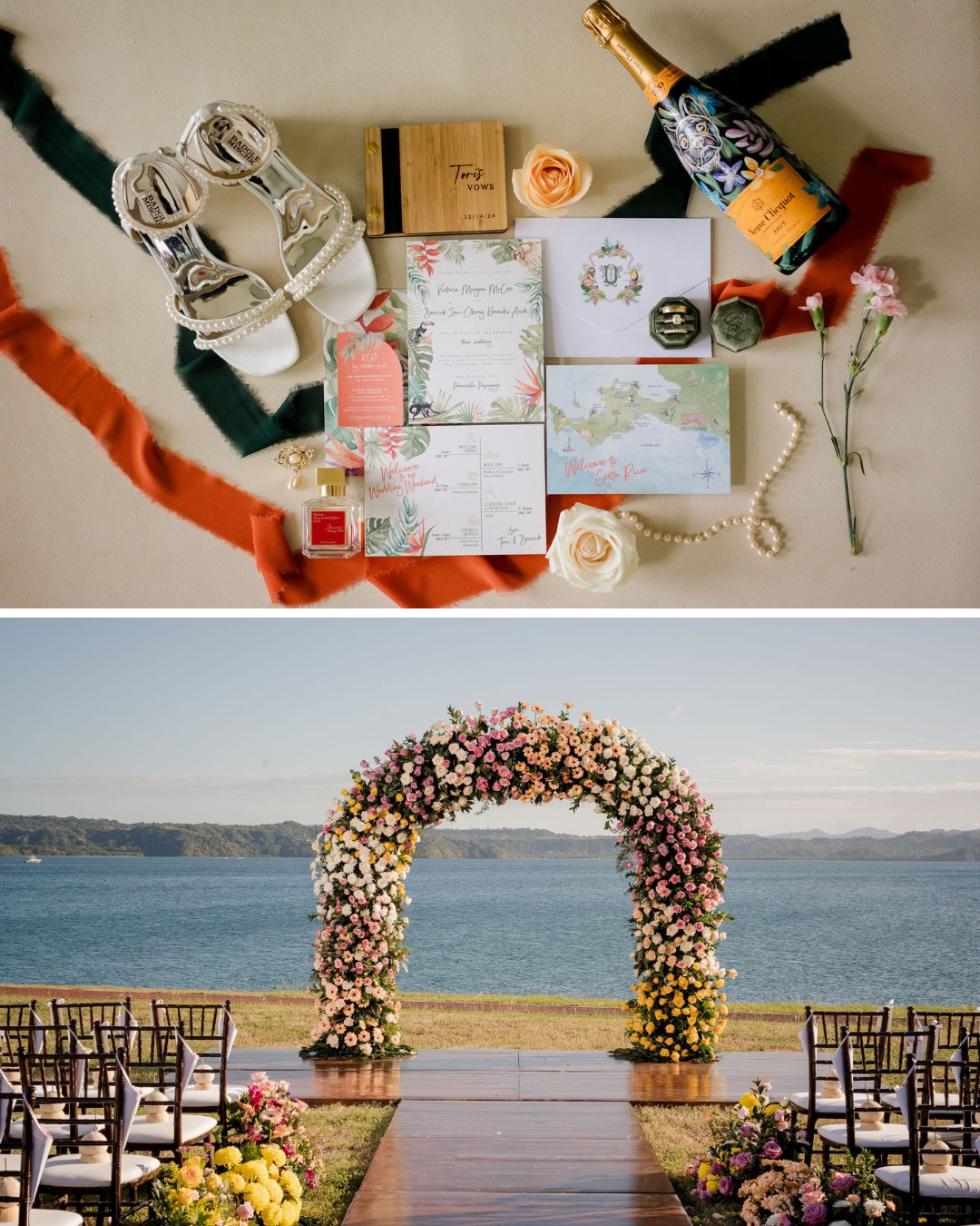 Flat lay of wedding accessories and invitations; below, a floral arch and chairs arranged outdoors by a body of water for a wedding ceremony.