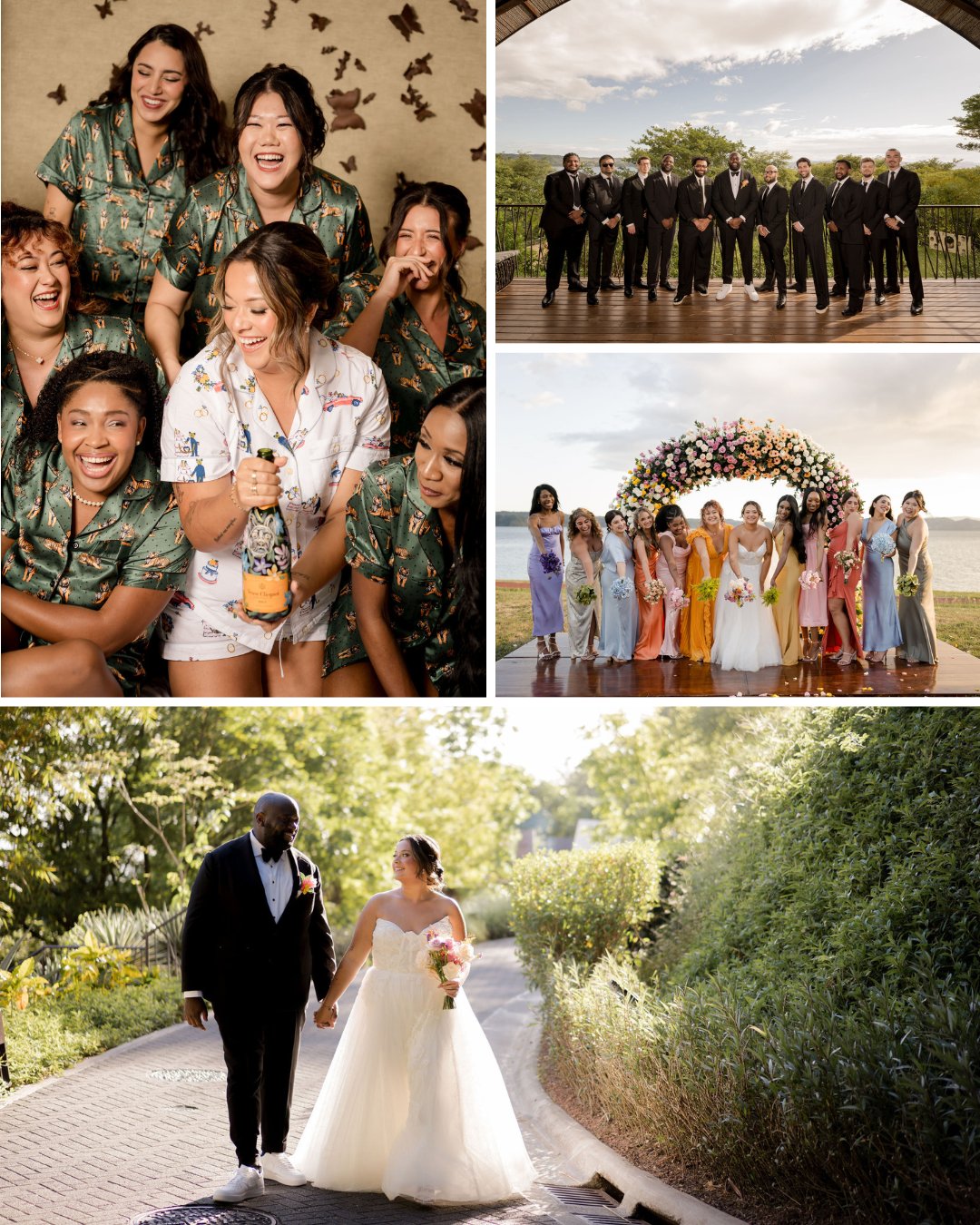 A collage of wedding photos: bridal party in pajamas, groomsmen in suits, bridesmaids in colorful dresses, and the bride and groom walking outside.