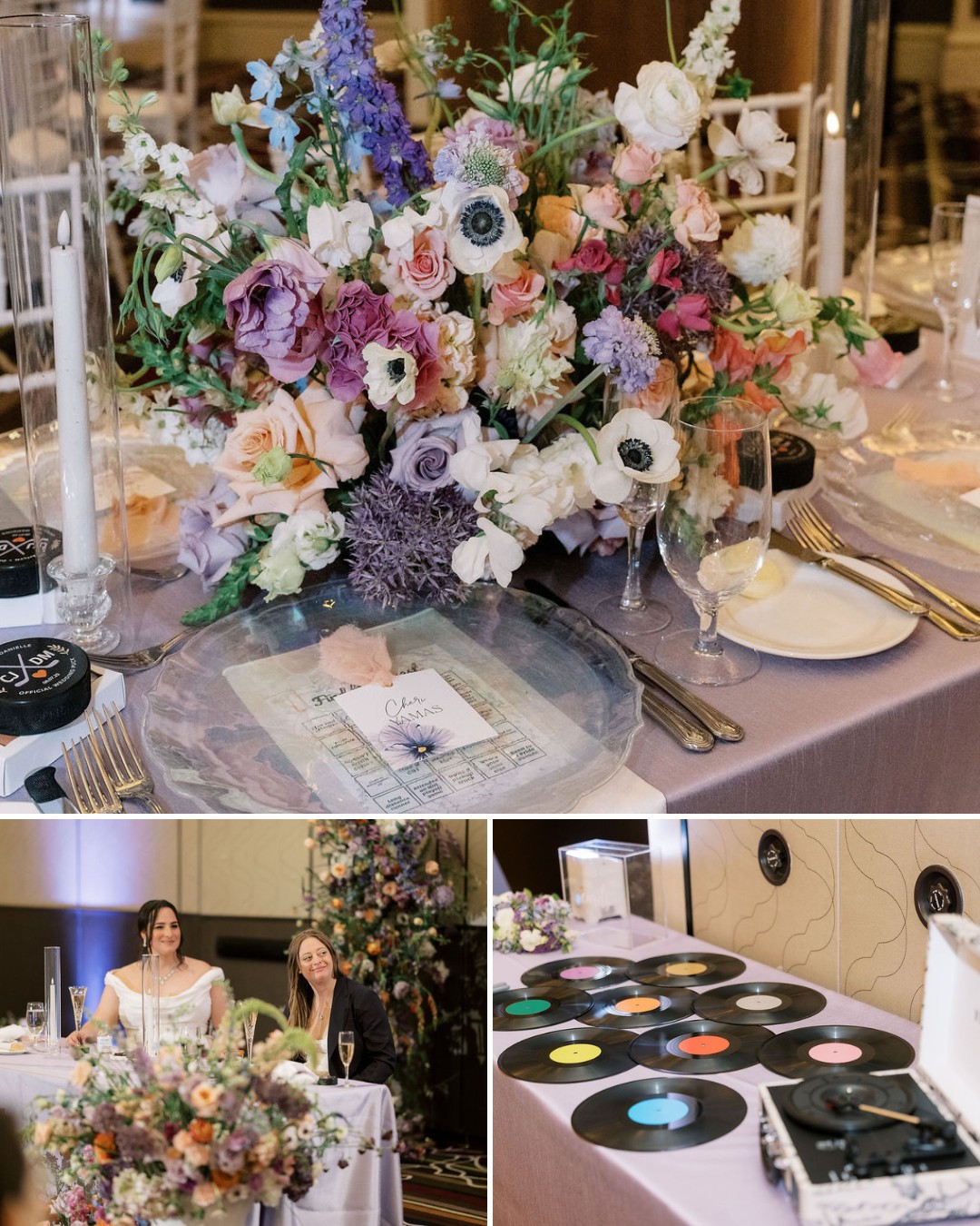 Elegant banquet table with pastel floral centerpiece, candles, and place settings; two people seated nearby; display of vinyl records and a turntable on a separate table.