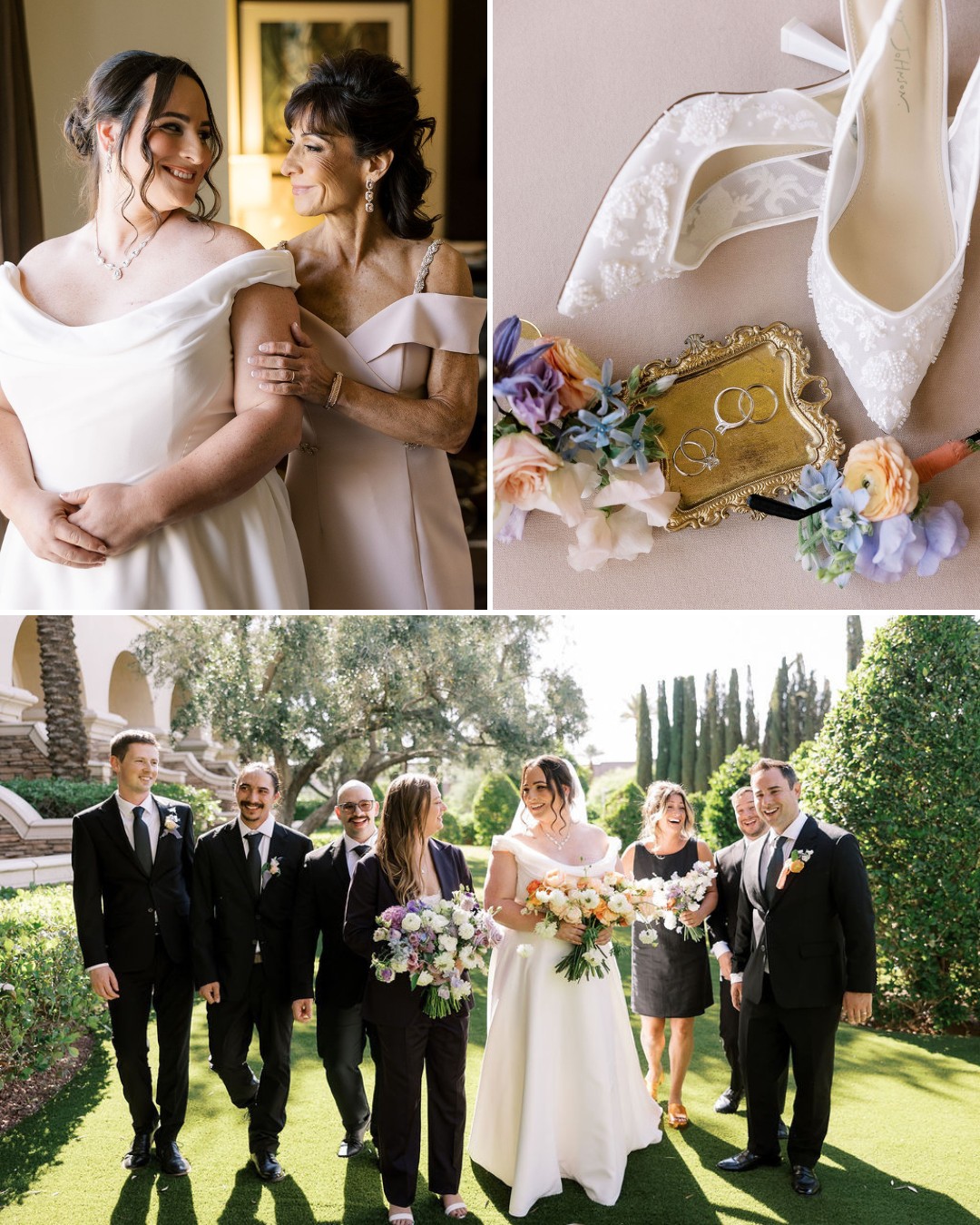 A collage of wedding moments: a bride with a woman indoors, a close-up of bridal shoes and accessories, and a group walking outside in formal attire.
