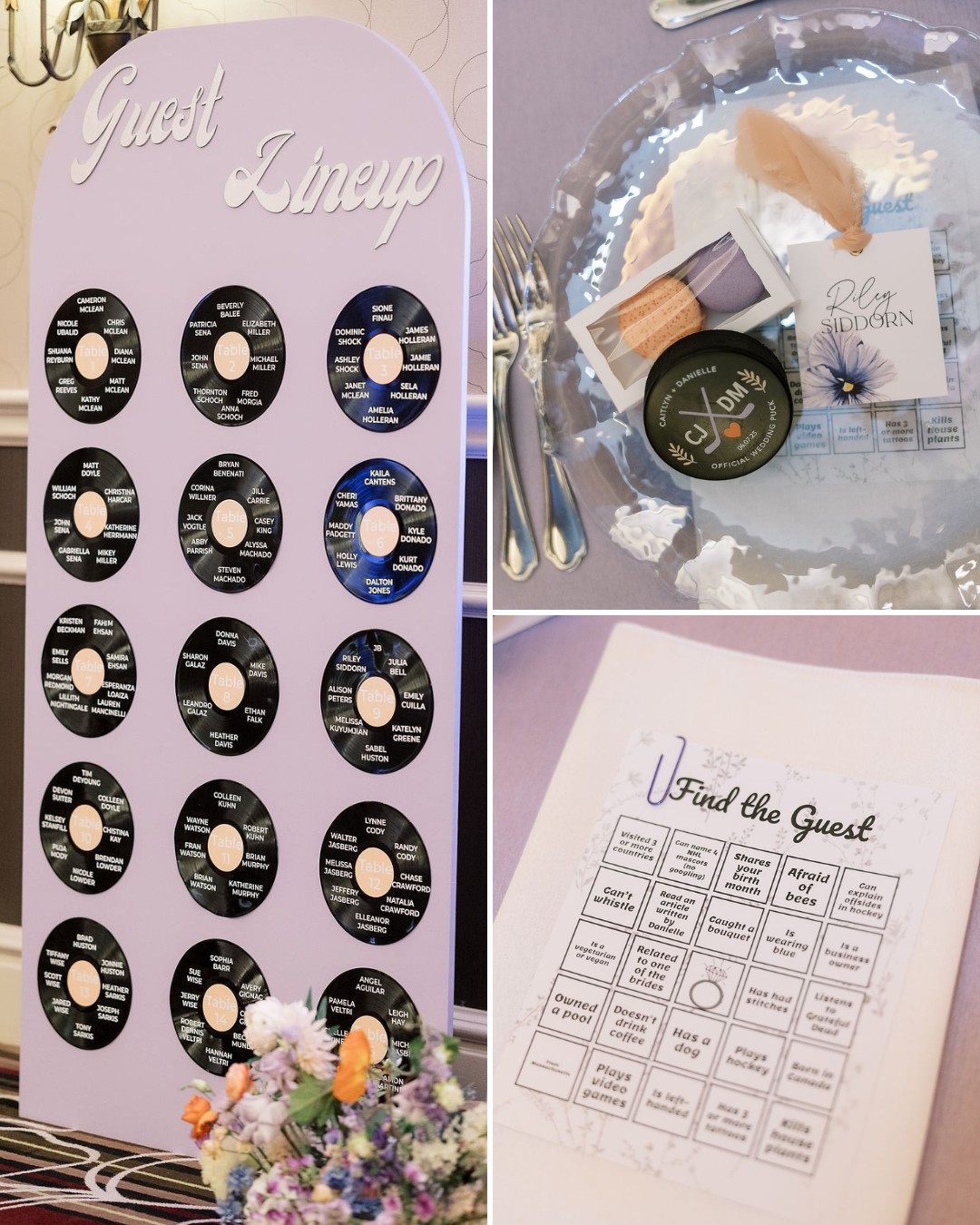 A wedding seating chart styled as vinyl records, a place setting with a menu and favors, and a “Find the Guest” bingo card on a table.