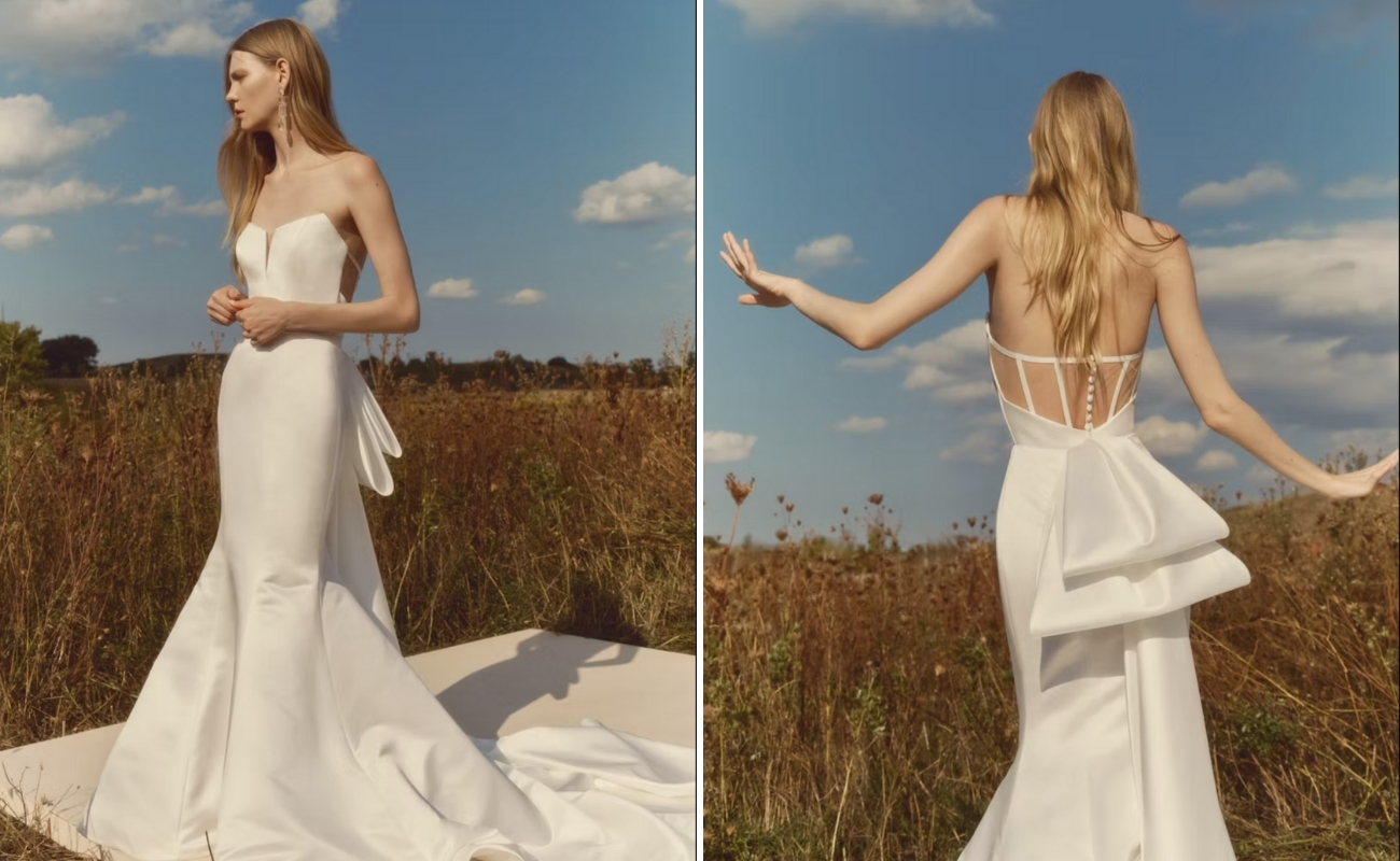 A woman stands outdoors in a strapless white wedding dress with a bow and sheer panel details on the back, surrounded by tall grass under a blue sky.