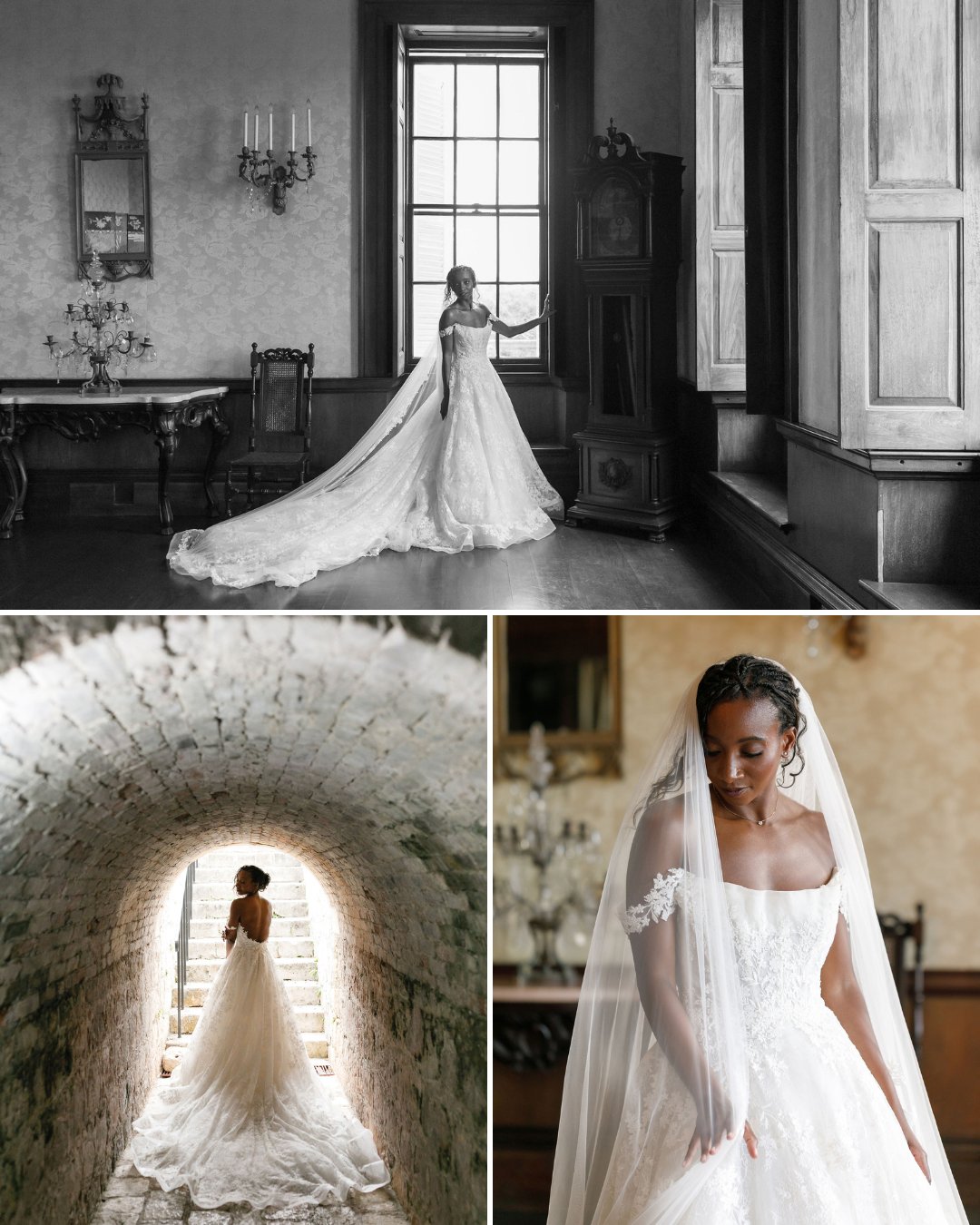 A bride in a white wedding gown poses indoors by a window and antique furniture, stands in a tunnel, and is shown in a close-up wearing a veil.